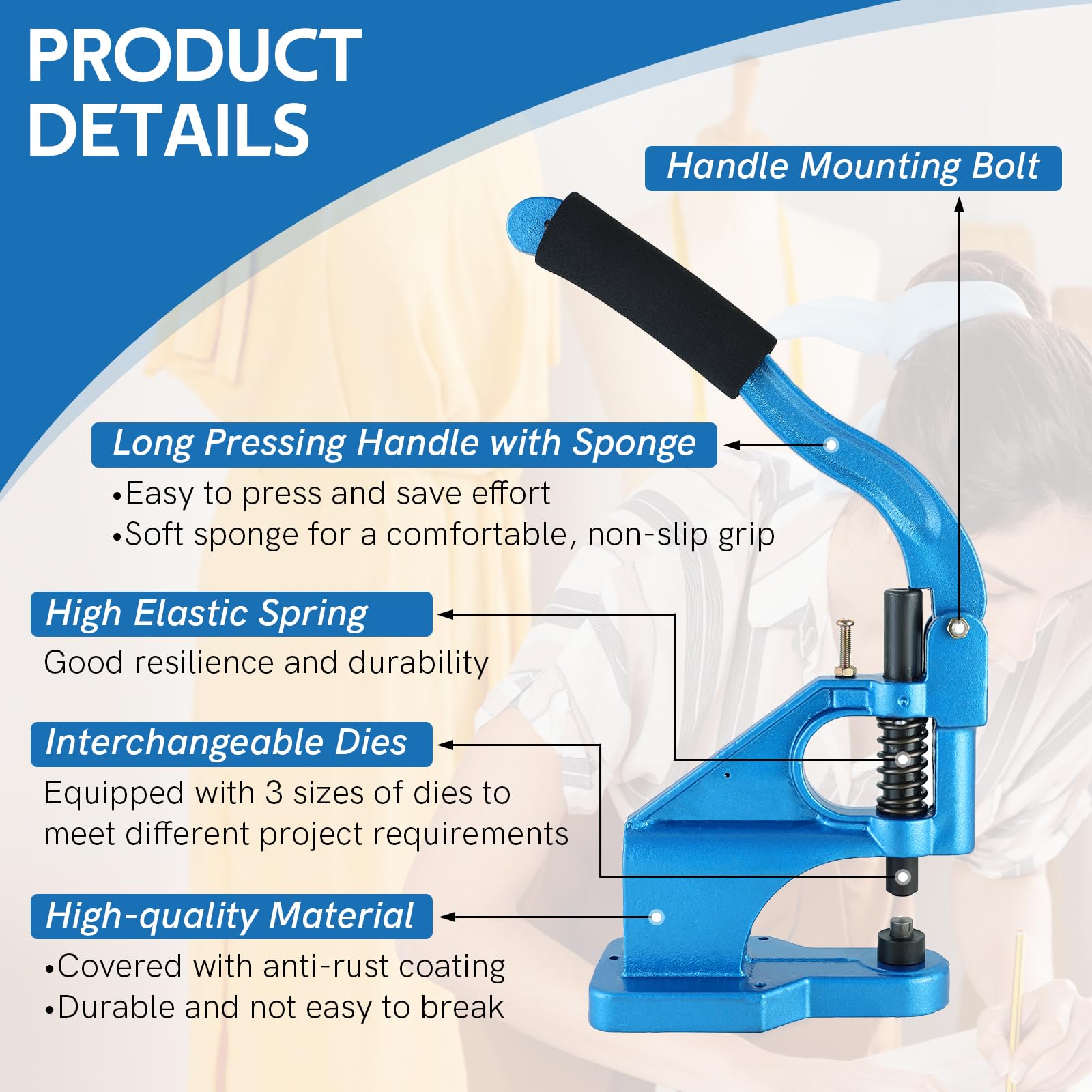 MYFULLY Kit per punzonatrice a mano con occhielli industriali resistenti, con 3 fustelle intercambiabili (#0 # 2 # 4) e 1500 occhielli argento (1/4", 3/8", 1/2")