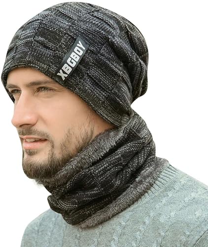 Replio Gorro de punto de invierno para hombre conjunto de bufanda térmica cálido de forro polar gorra de felpa lisa orejeras de moda nieve clima