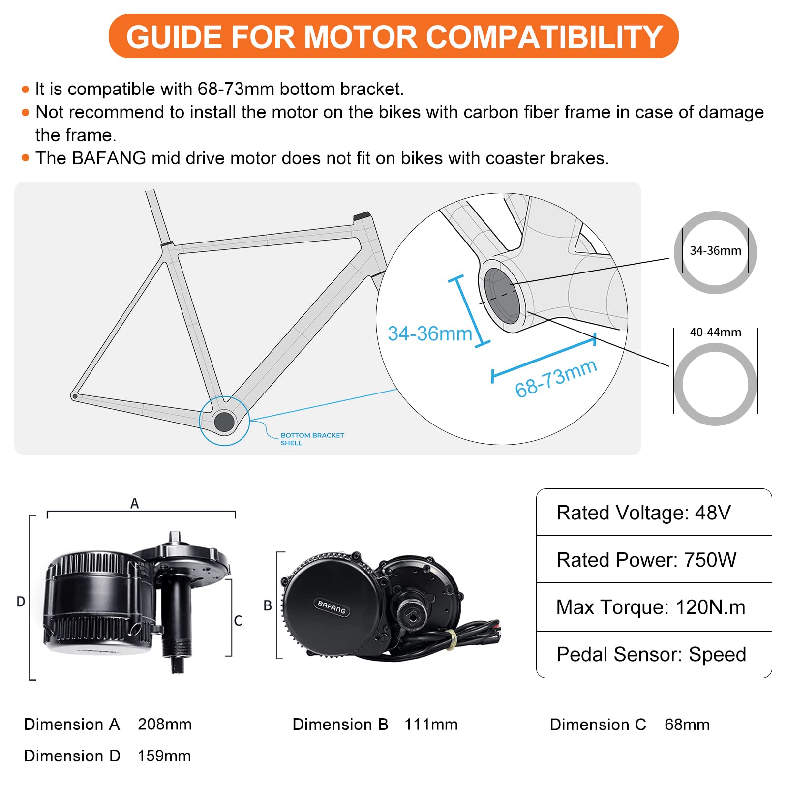 BAFANG 48V 750W Mid Drive Kit, 8Fun BBS02 Electric Bike Mid Mount Motor