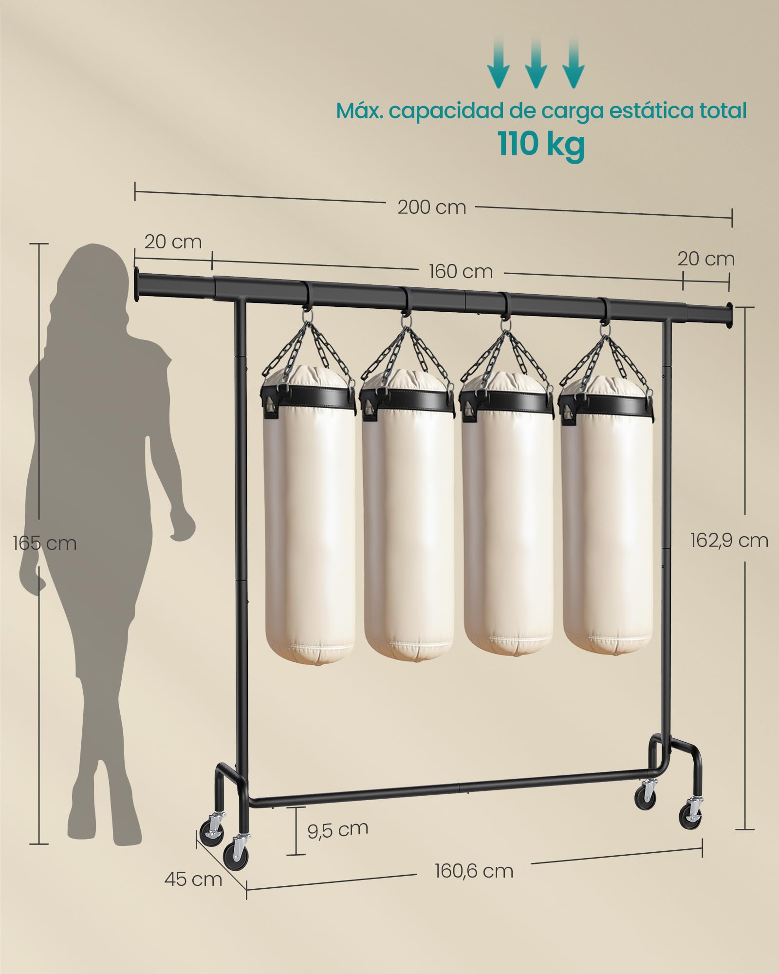 SONGMICS Burro Ropa con Ruedas, Perchero Extensible Capacidad 110 kg 45x160-200x162,9 cm Negro Mate