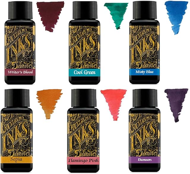Diamine - 30ml Fountain Pen Ink - Colour Wheel - 6 x Bottles - Writers Blood, Cool Green, Misty Blue, Sepia, Flamingo Pink, Damson