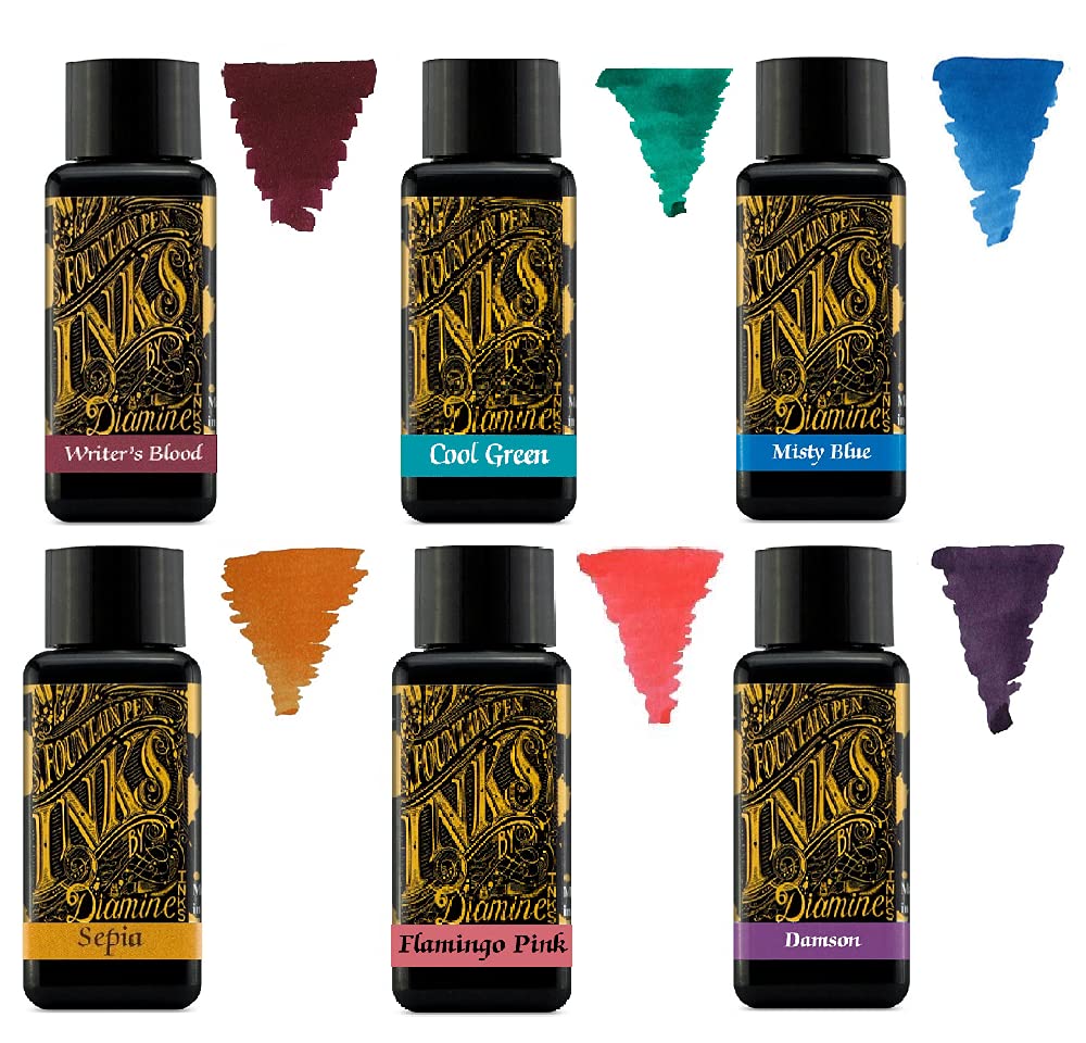 Ensemble de 6 flacons d'encre Diamine - Couleurs variées pour stylo plume