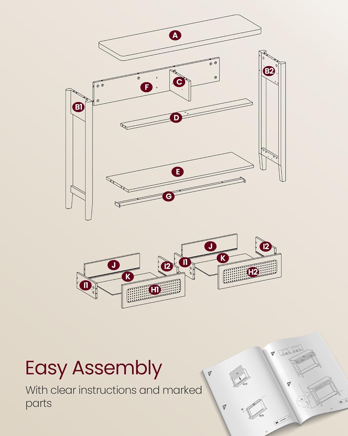 Exploded view diagram of console table parts and hardware