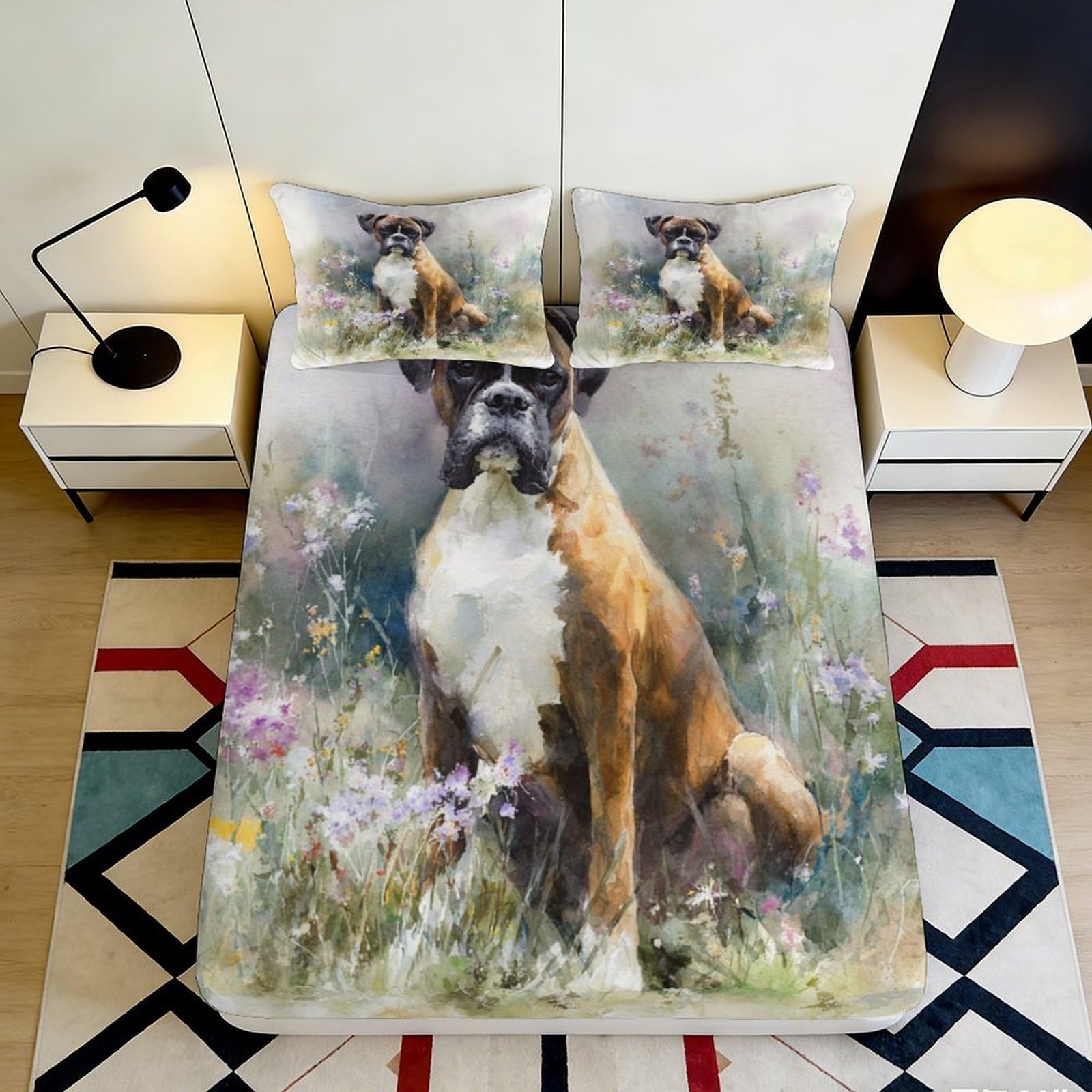 3D Printed Boxer Dog Fitted Sheet Microfiber Soft Animal Art Bed Cover for Bedroom Dorm Mattress Decor 90x200x25cm