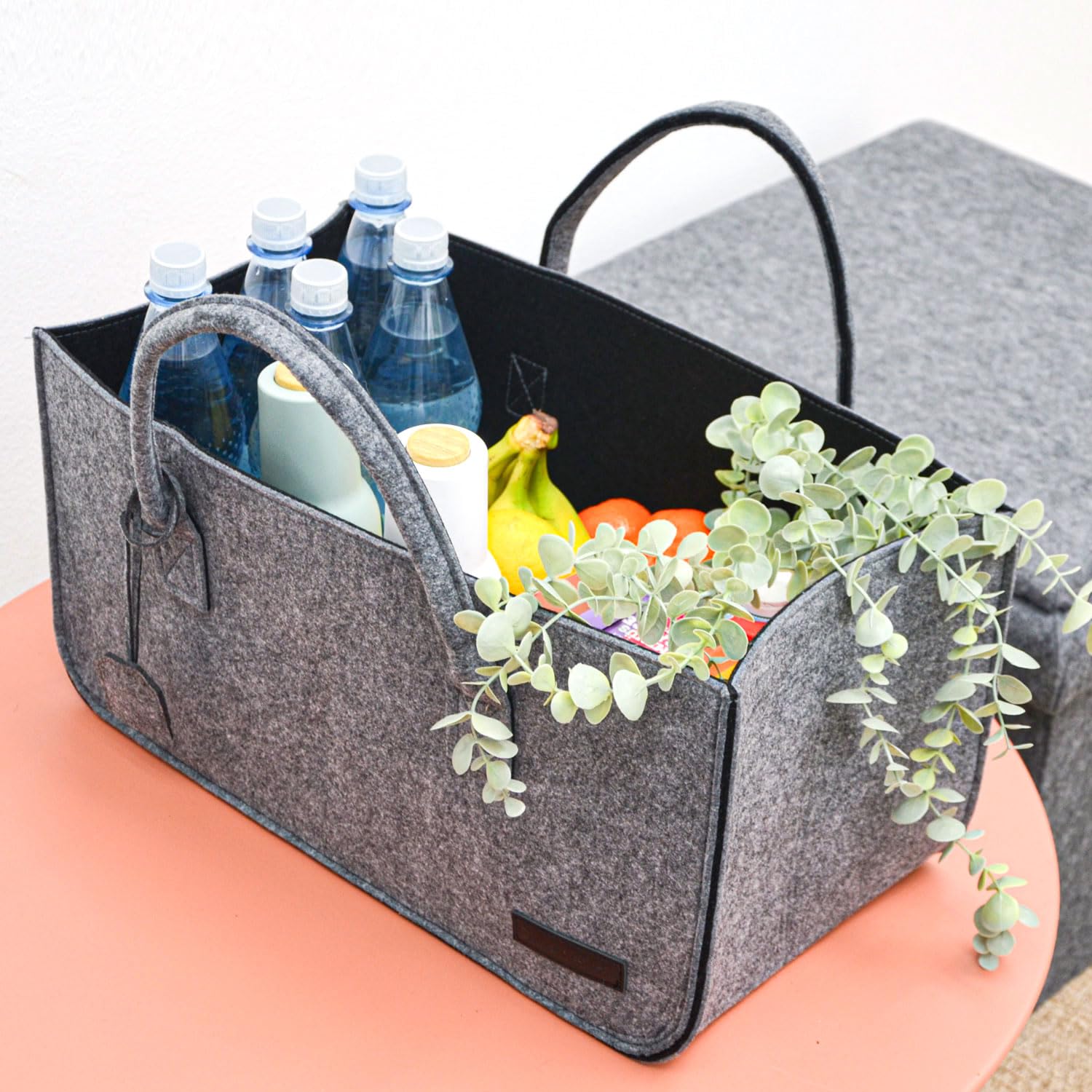 DuneDesign Bis 25kg: Shopping Bag Filz XXL - 50x25x25 Schwerlast Filztasche Groß - Kamintasche für Holz Tragetasche Kaminholz Korb - Auto Einkaufskorb Faltbar Einkaufstasche Filz Kaminholzkorb Modern