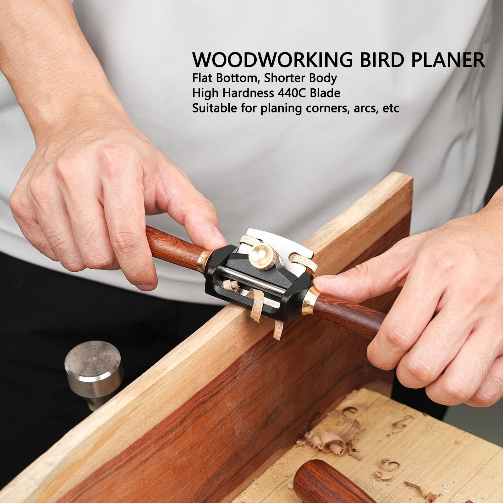Rabot spokeshave réglable à base plate, lame 42 mm en 440C, corps en alliage d’aluminium avec vis en laiton et poignée en palissandre pour travail du bois