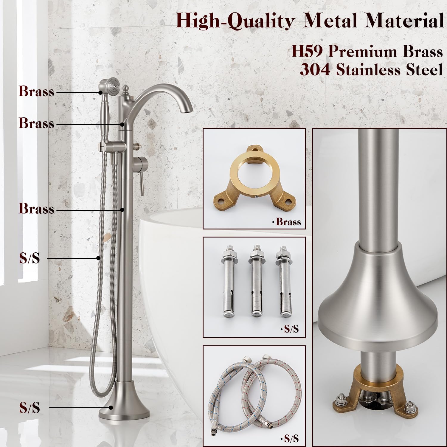 Freestanding Tub Faucets, Classic Freestanding Bathtub Faucet with Retro Handheld Sprayer High Flow Max 7.04GPM Floor Mount Tub Filler Swivel Spout Bath Tub faucet Brushed Nickel (WT-9002BN) - Image 3