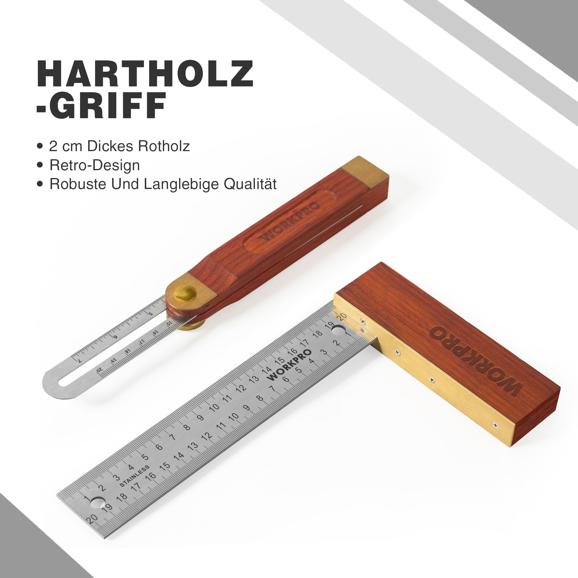 WORKPRO Schreinerwinkel, 2-teilig, Anschlagwinkel, 200 mm, verstellbare Gleitschräge 230 mm, Hartholzgriff, Edelstahlklinge für Handwerker, Holzbearbeitung