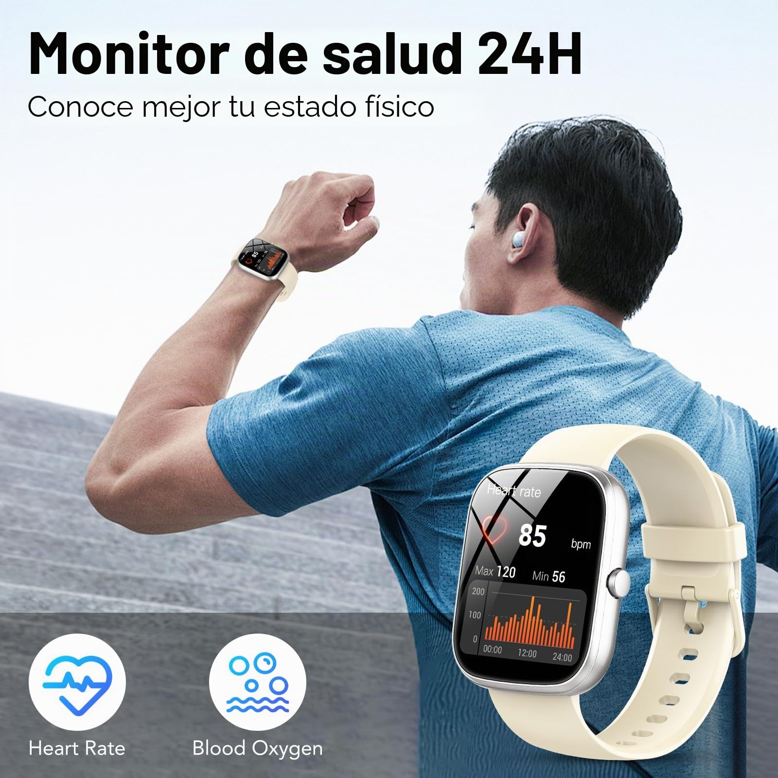 CASCHO Reloj Inteligente Hombre Mujer,1.91" HD Smartwatch con Llamadas Bluetooth,100+Modos Deportivos Pulsera Actividad con Pulsómetro/Monitor de Sueño,Impermeable IP68 para Android iOS,Blanco Hueso