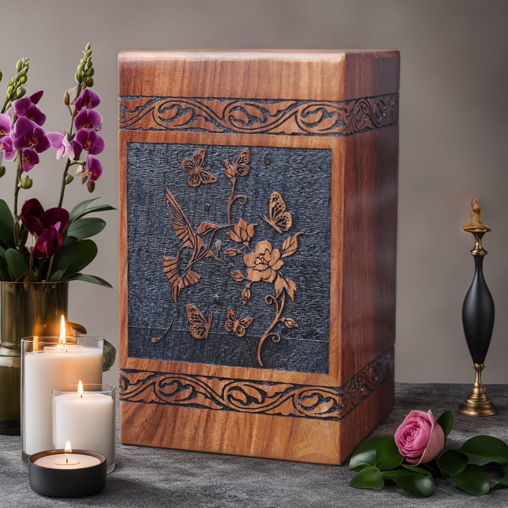 Prime Art wooden urns for ashes adult cremation box for ashes adult cremation urns for ashes adult tree of life urn for ashes (Bird Rose Black, (X-Large - 14" Hx7.5 W (640 Cu/In))