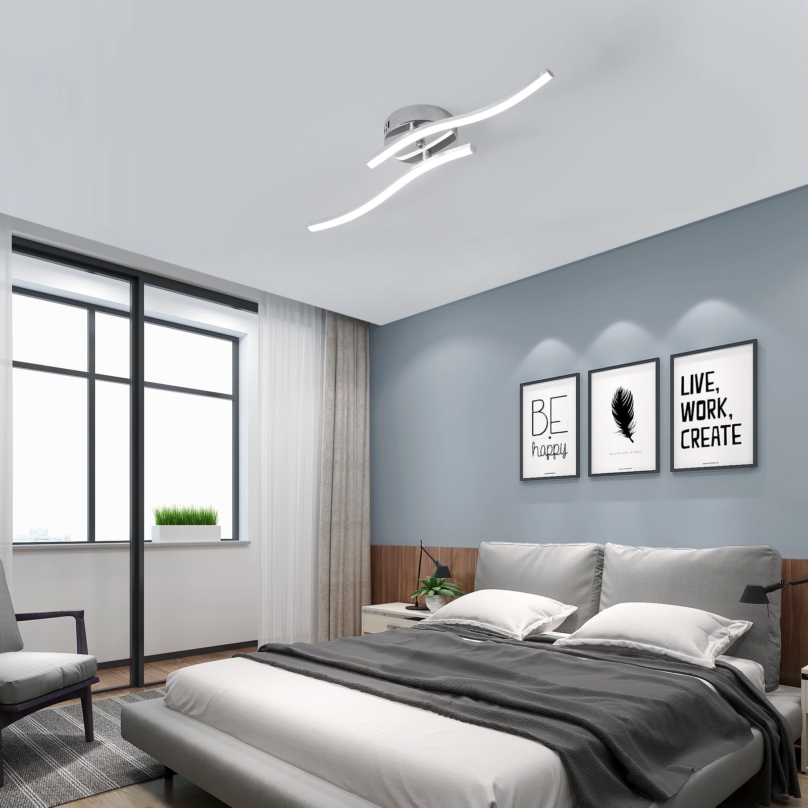 Goeco Plafoniera LED Soffitto Argento 14 W 52 cm 6500K Lampadario da Soffitto con 2 Fiamme Moderni Design Curvo Luce Bianca Fredda Lampada in Acrilico per Camera da Letto Soggiorno Cucina