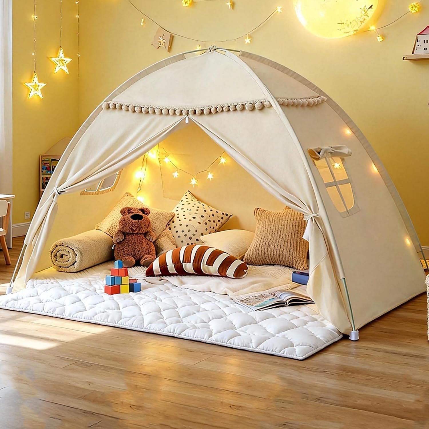 Photo 1 of Bed Tent Twin Size for Girls & Boys - Indoor Privacy Toddler Sleeping Teepee with Blackout Design, Breathable Portable Twin Bed Tent for Drafty Rooms, Cottage Floor Camping (Twin Beige)