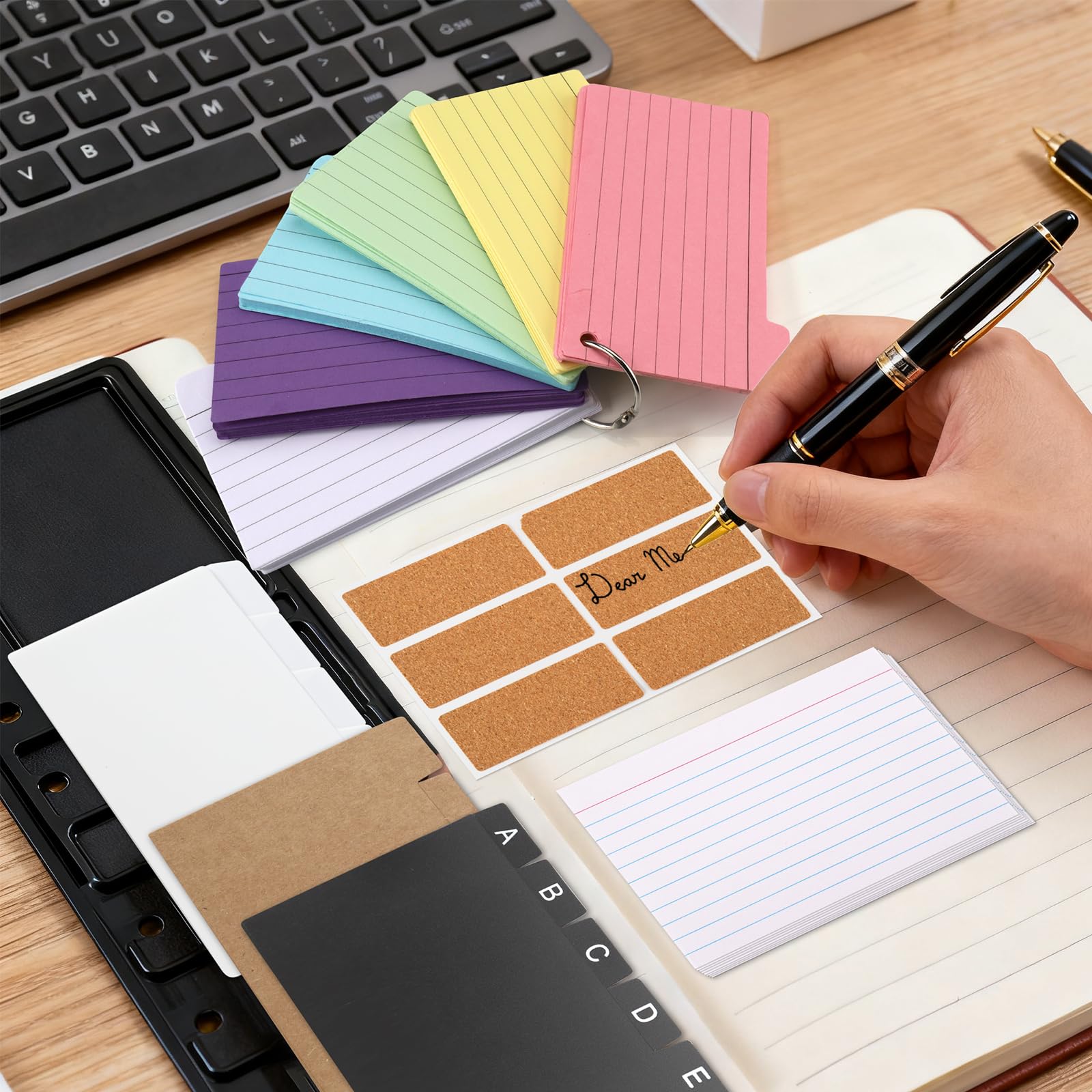 Kit Boîtes à Fiches Noir 230 Fiches Lignées Colorées 15 Registres 6 Anneaux