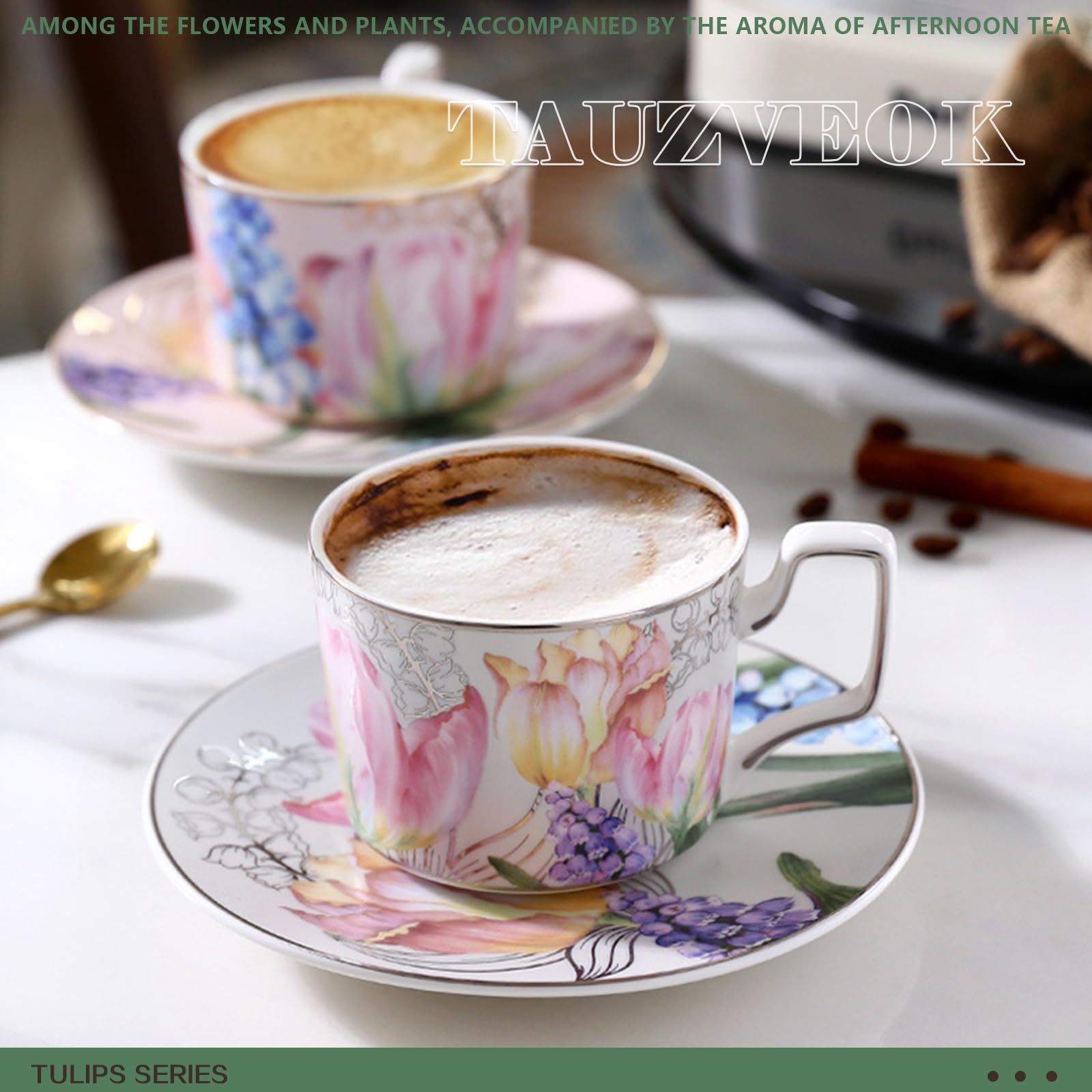 Zestaw filiżanek do kawy espresso ze spodkiem i łyżką, 200 ml kwiatowe kubki ceramiczne, kolorowe porcelanowe filiżanki do herbaty i cappuccino, idealne do użytku domowego lub kawiarni