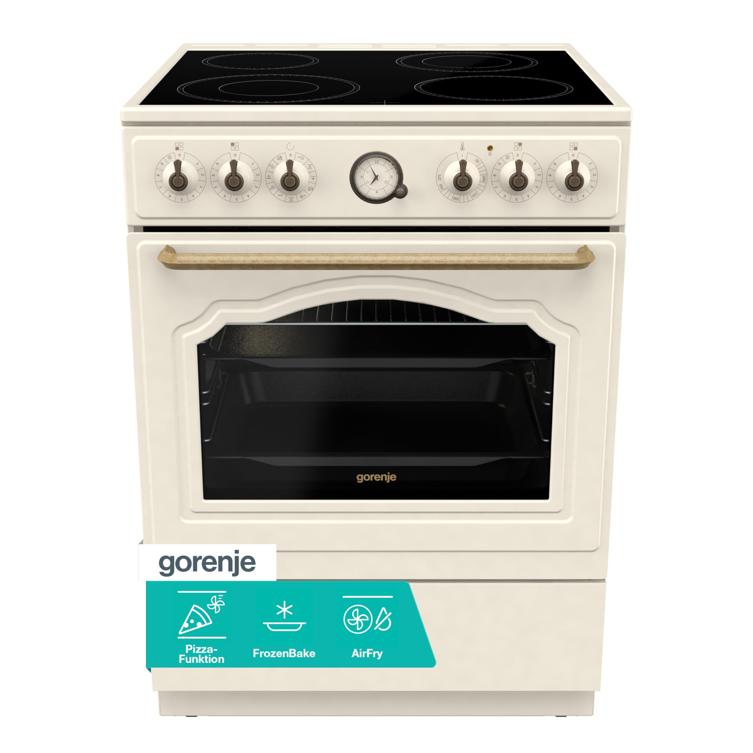 Gorenje Classico GECS 6 B70CLI Elektrostandherd mit Glaskeramik-Kochfeld/Retro Design / 60cm / 71 Liter/Gentle Close/Schnellaufheizung/AirFry/ExtraSteam/Pizzamodus/AquaClean/champagne, Elfenbein