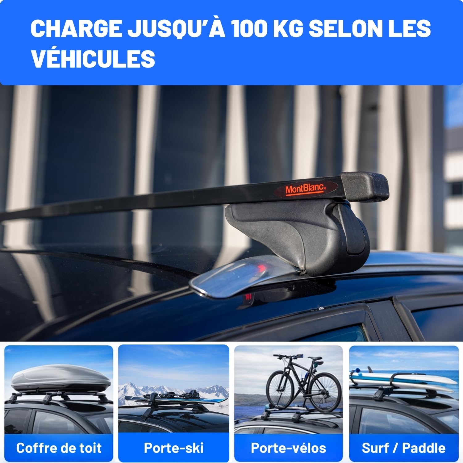 Mont Blanc Barres de Toit Acier ReadyFit 201 - pour 3008 (2016) | Pack de 2 barres de toit gamme ACTIVA pour rails intégrés. Prêtes à poser, charge 100 kg, 4 serrures à clés, garantie 5 ans.