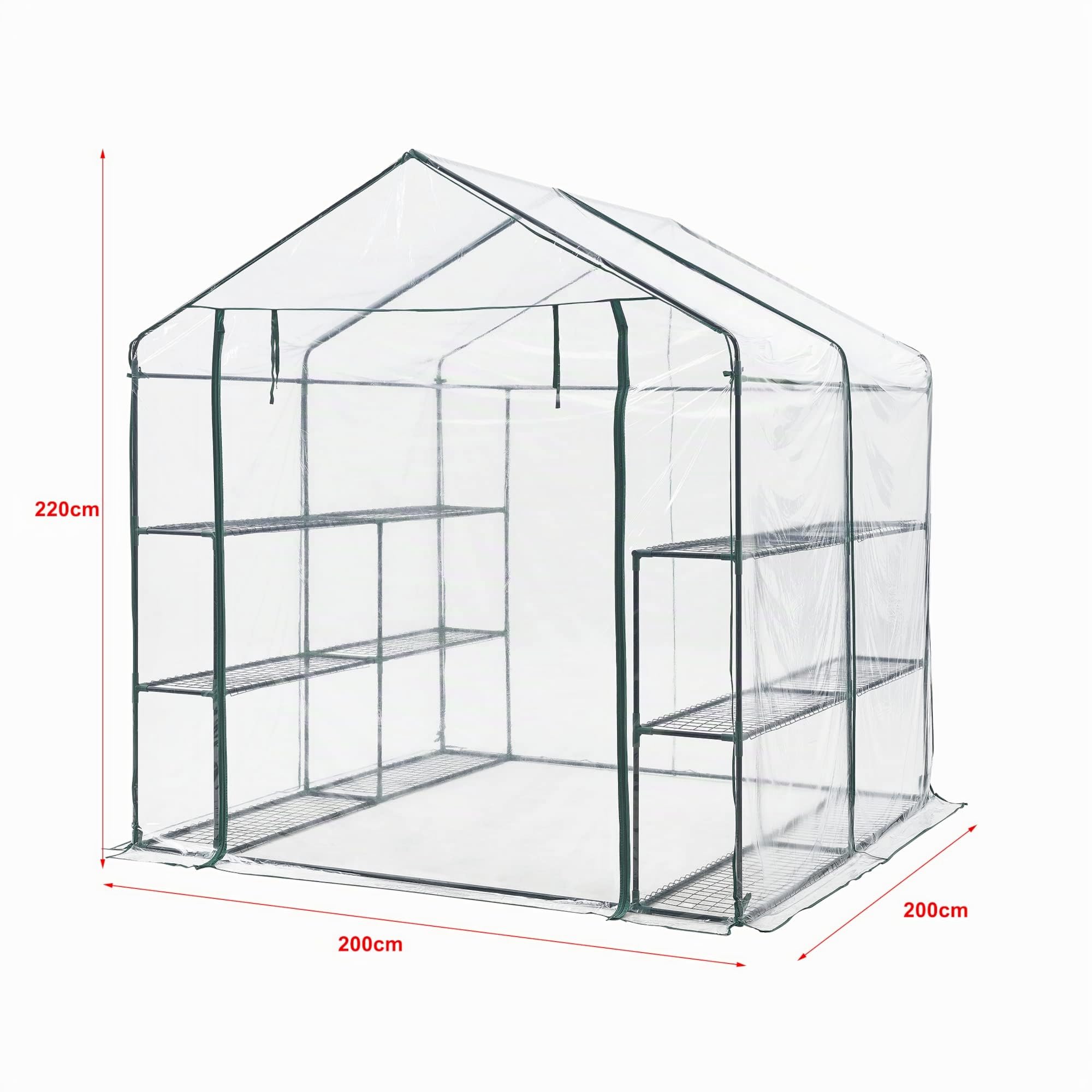 Serra da Giardino con 6 Ripiani (LxPxA) 200 x 200 x 220 cm Copertura in PVC e Telaio in Acciaio - Apertura Porta con Zip - Forma di Casetta