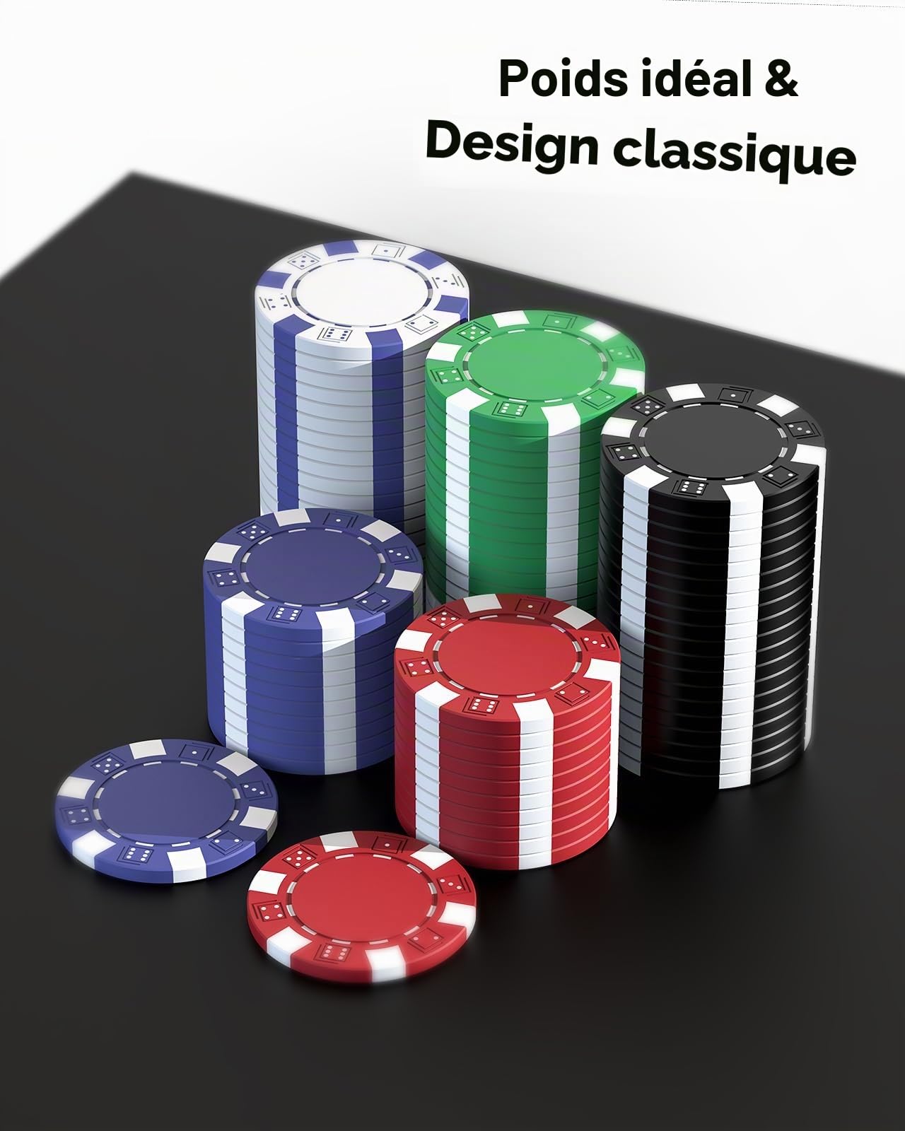 HEITOK Mallette Poker 500 Jetons sans Valeur 11.5g Fer Jeu de Poker Casino | mises libres par couleur, 2-10 joueurs, cartes papier, 5 dés, Dealer/Blind, règles maison, cave, points, side pots