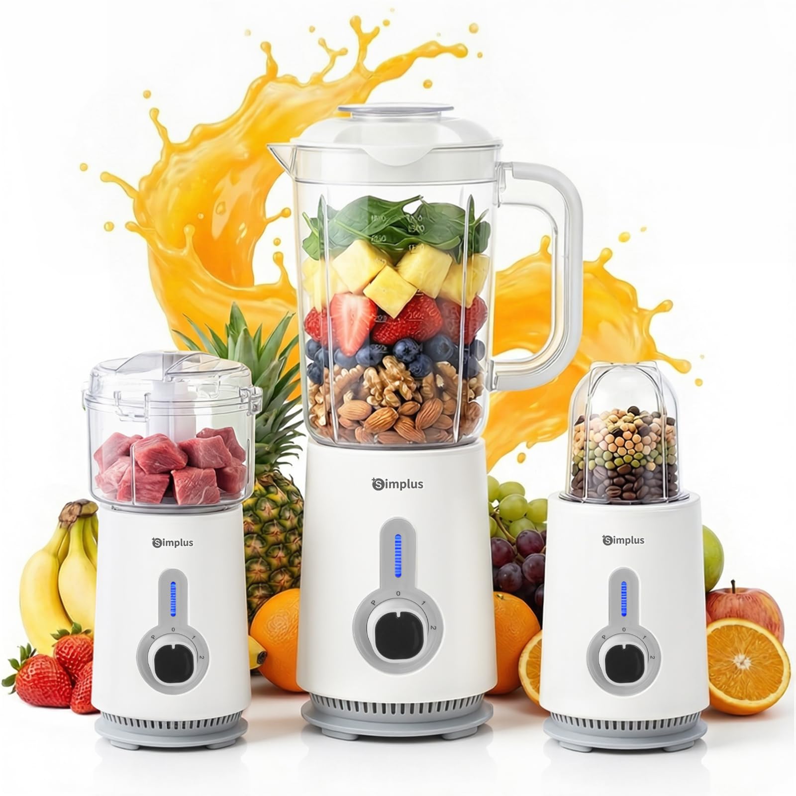 SIMPLUS Blender Mixeur 3 en 1, Robot Culinaire avec Hachoir 500ml, Moulin à Café 300ml, Bol 1.25L, Lames 304, 3 Vitesses, Sécurité, Blanc