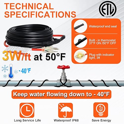 Miniatura 7 de Cable de calefacción de tubería TDSF, 120 V, 6 pies, autoregulable