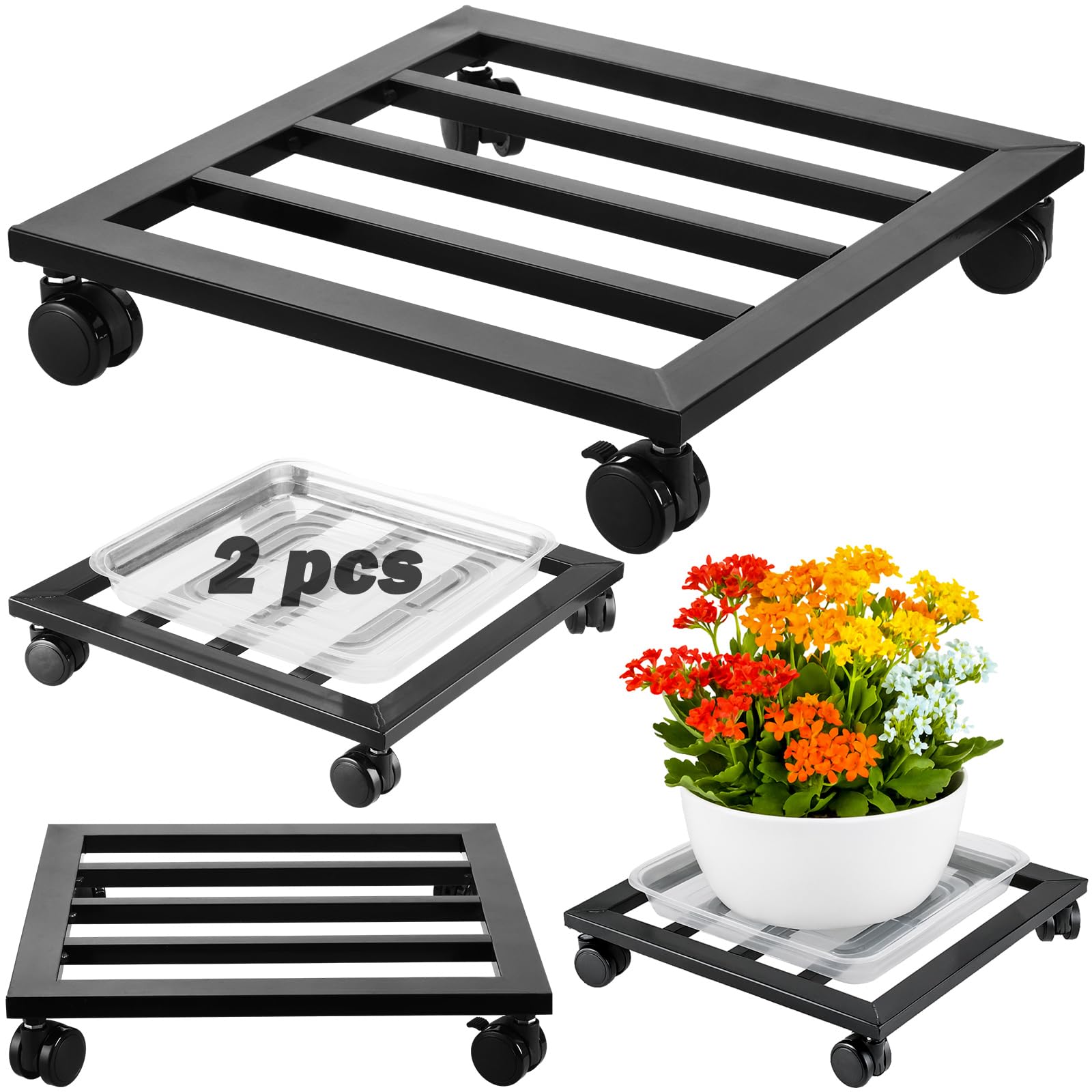DEELF OUTLET 2 Packs 13.6 inches Large Metal Plant Caddy with PU Wheels Square Planter Dolly Pot Mover Rollers Wrought Iron Rolling Plant Stands Indoor Outdoor Plant Holder Coaster Trolley, Black