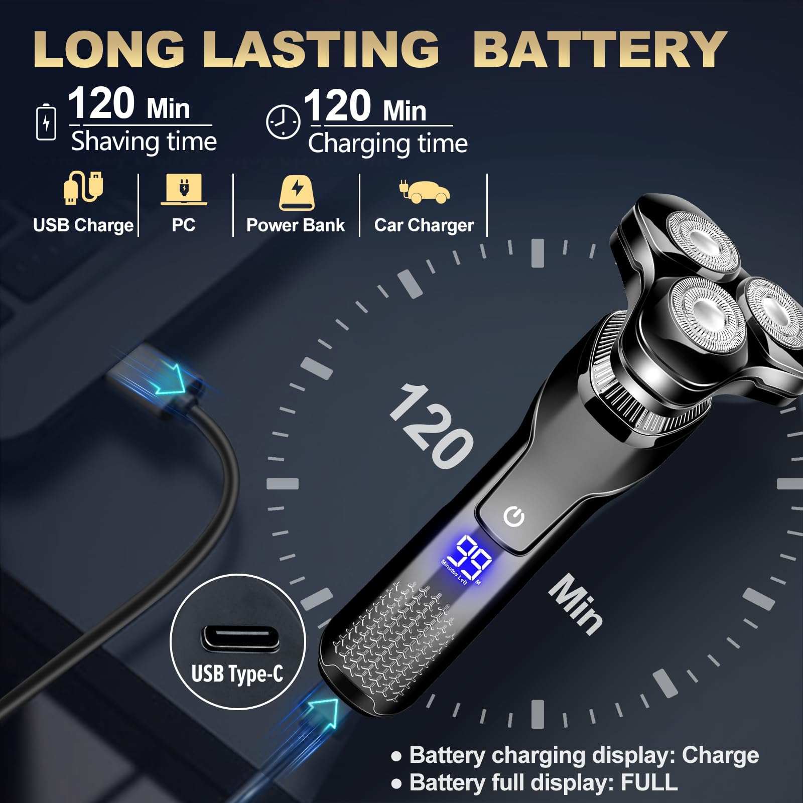 Rasoio elettrico da uomo, con display a LED, 100% impermeabile, rasoio senza fili, per rasatura bagnata/secca, rasoio elettrico da uomo, include rasoio per peli del naso, rasoio da viaggio