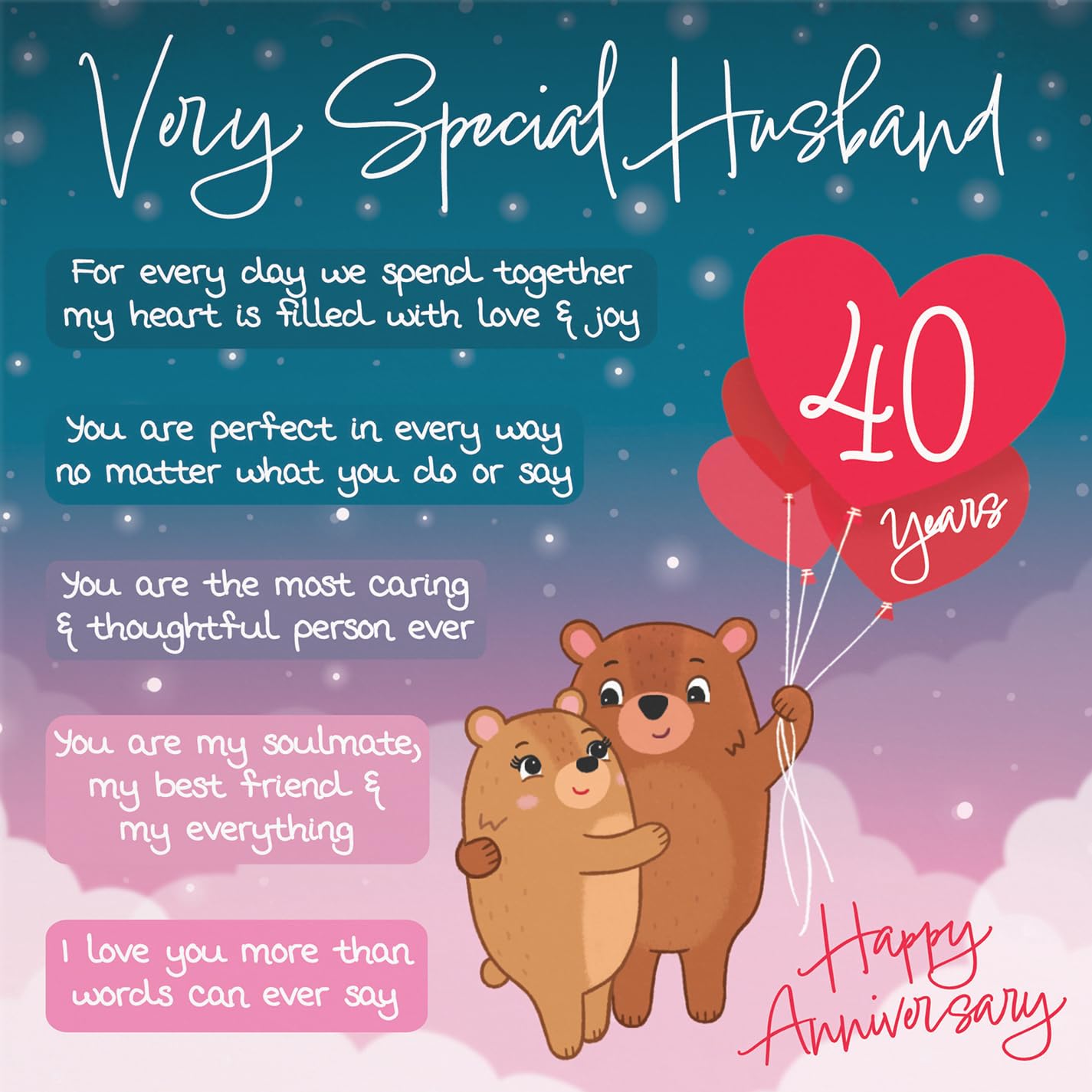 Hunts England, Husband 40th Anniversary Card, Starry Night, Cute Bears, Verse 40th Anniversary Card For Husband - Image 2