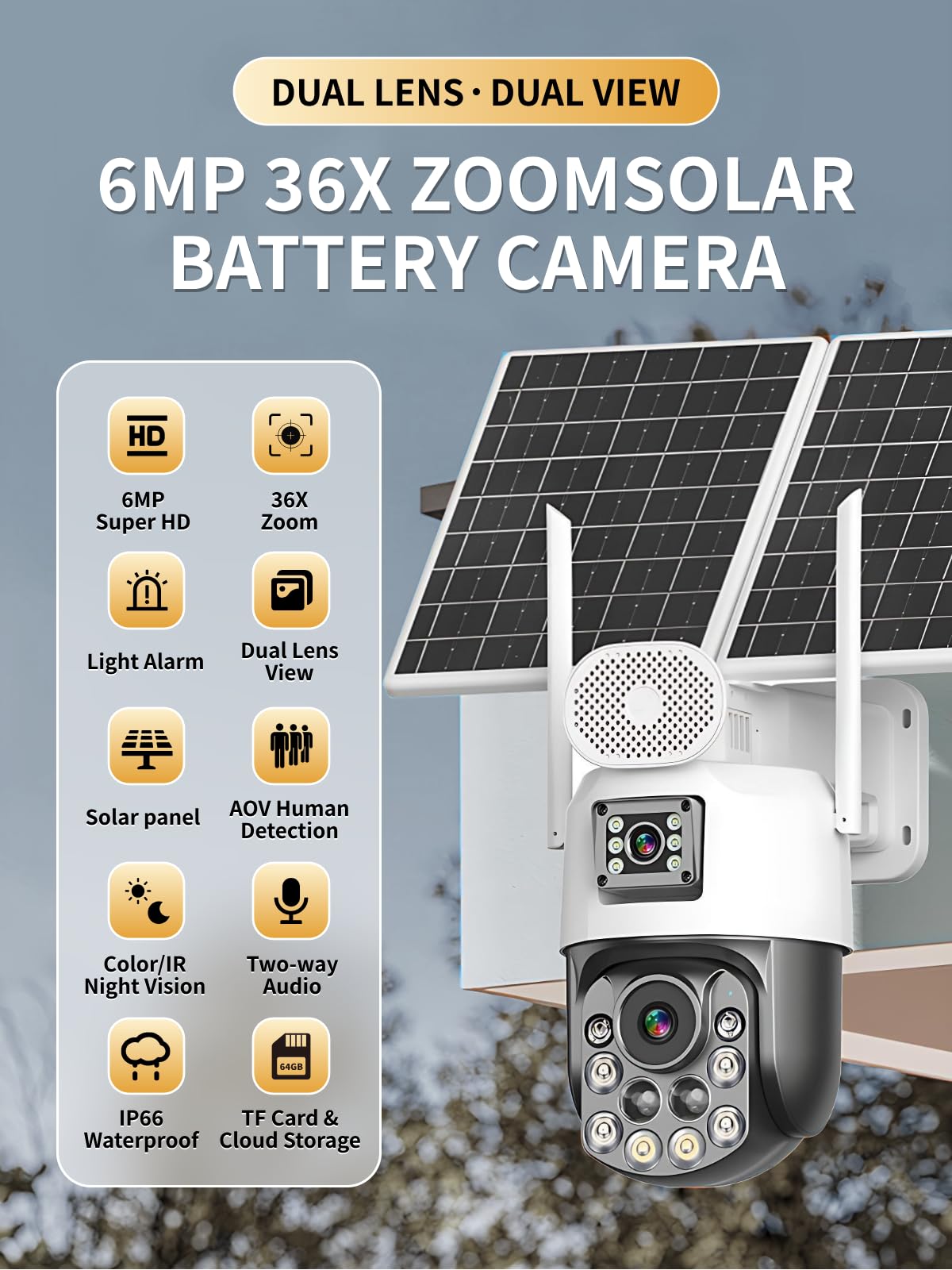 Telecamera di sicurezza wireless per esterni, 4G Solar IP66 impermeabile, rilevamento del movimento, doppia fotocamera HD da 6 MP, panoramica e inclinabile, zoom 36x, include scheda SD da 64 GB