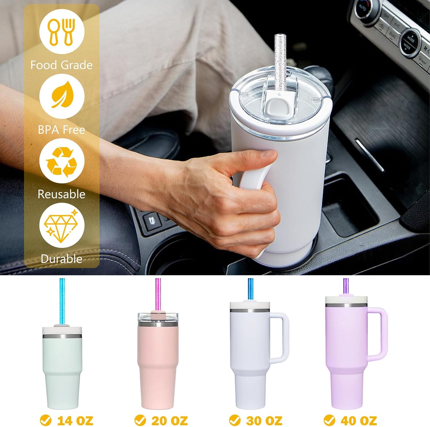 Pack of 10 Glittering Straws for Stanley Cup, 31 cm Extra Long Reusable Colourful Hard Straws for Stanley Cup Accessories with 2 Cleaning Brushes and 2 Straw Covers (10 Colours) image 3