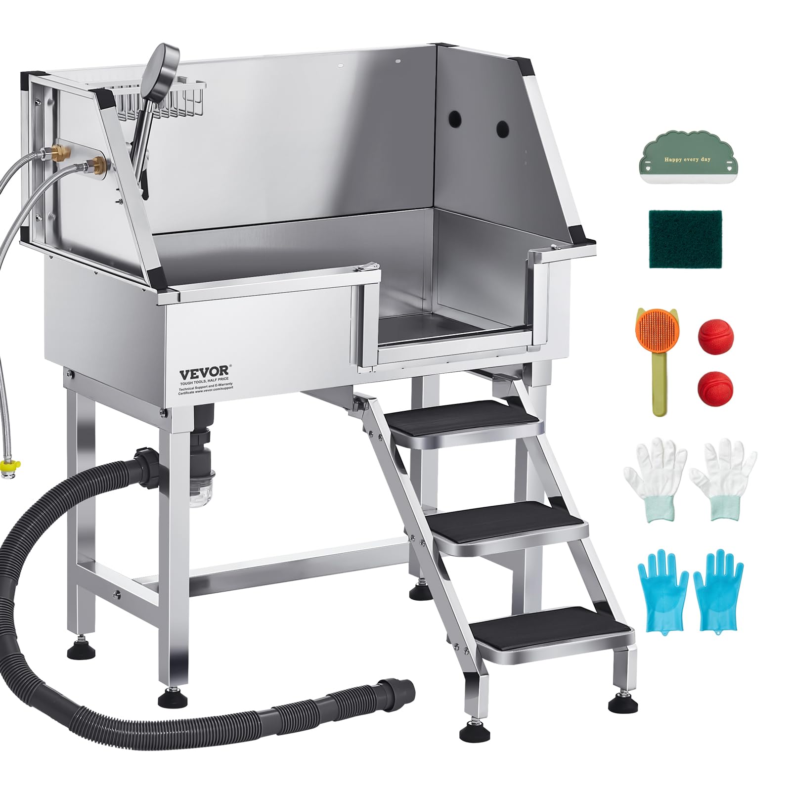 VEVOR Stainless Steel Dog Washing Station, 34 inch Pet Grooming Tub w/Storage Stairs, Faucet & Showerhead & Soap Holder Dog Bathtub, Pet Wash Station for Medium & Small Pets (Right Door)