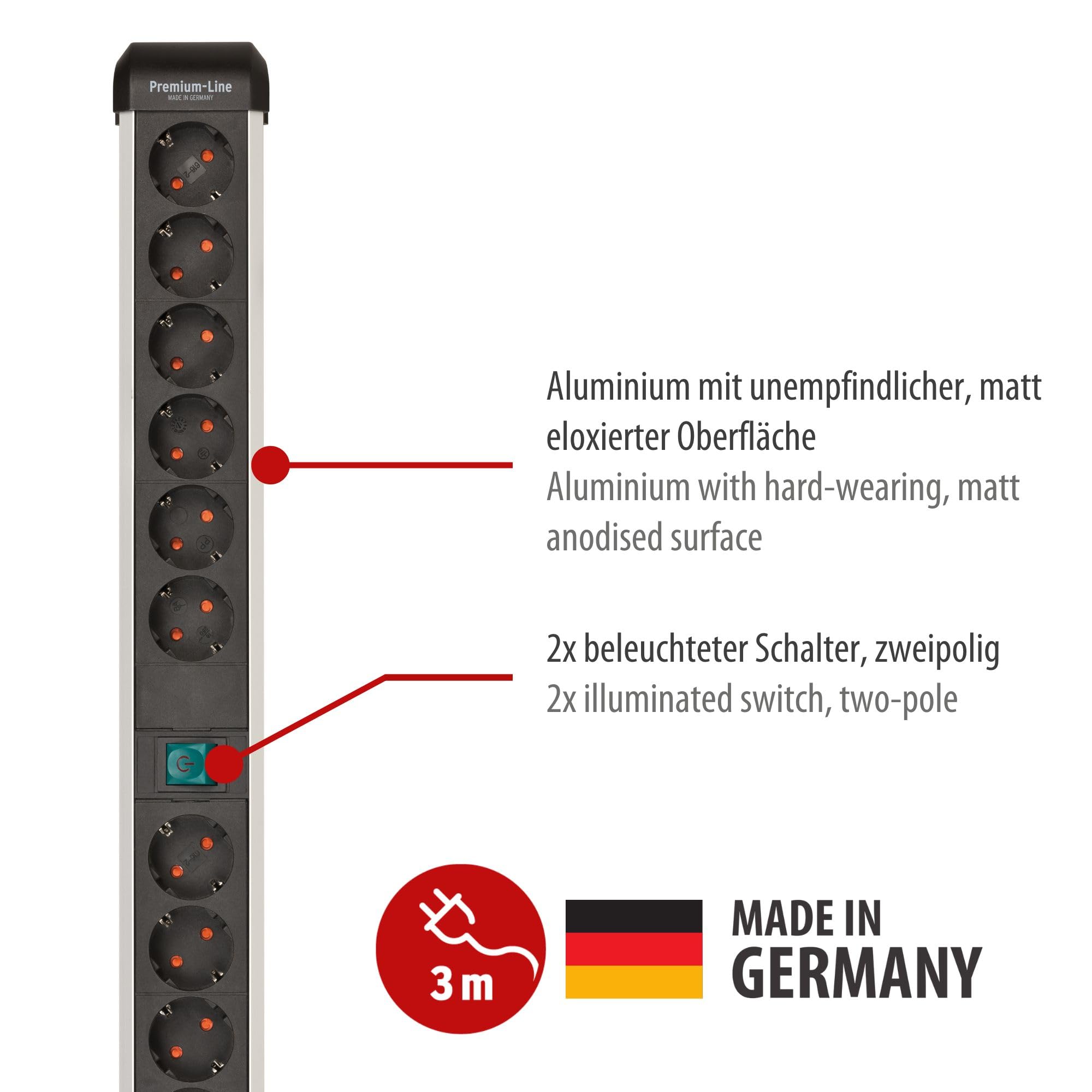 Brennenstuhl Ciabatta multipresa a 12 prese, in alluminio di alta qualità, con 2 interruttori e cavo da 3 m, prodotta in Germania