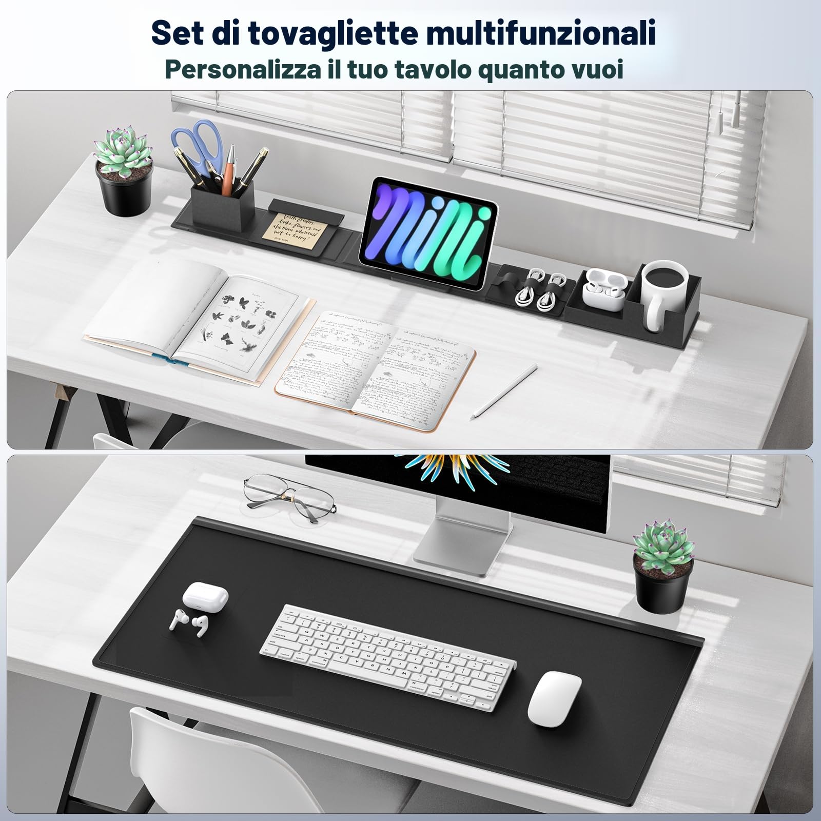 KDD Sottomano Scrivania in Pelle PU 6 in 1 con Organizer Magnetici per Supporto Tablet, Portabicchieri, Portacarte, Portapenne, Gestione Cavi