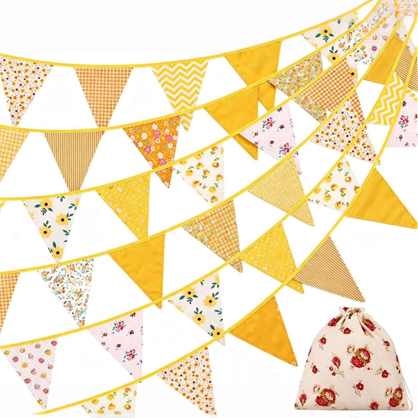 Beyinkoy Floral Bunting Banner, 12M/39Ft Reusable Triangle Flag Banner with Storage Bag, 42 Pcs Cotton Fabric Flags Pennant Garlands for Birthday, Wedding, Baby Shower, Room Decor (Yellow) — image 1