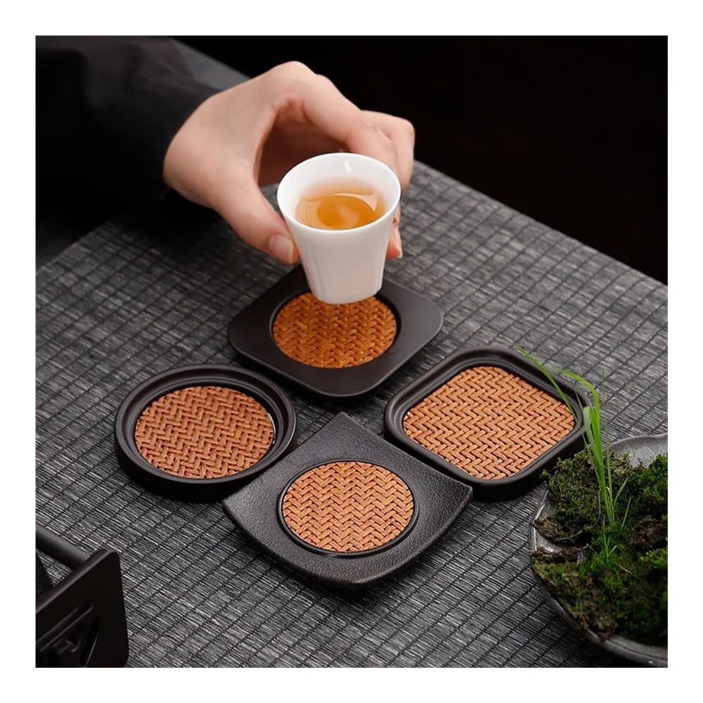 Posavasos de aislamiento térmico, tejido de bambú redondo de estilo chino, tapete hecho a mano para juego de té y tazas de café. 6 piezas con estante de almacenamiento (6 juegos G)