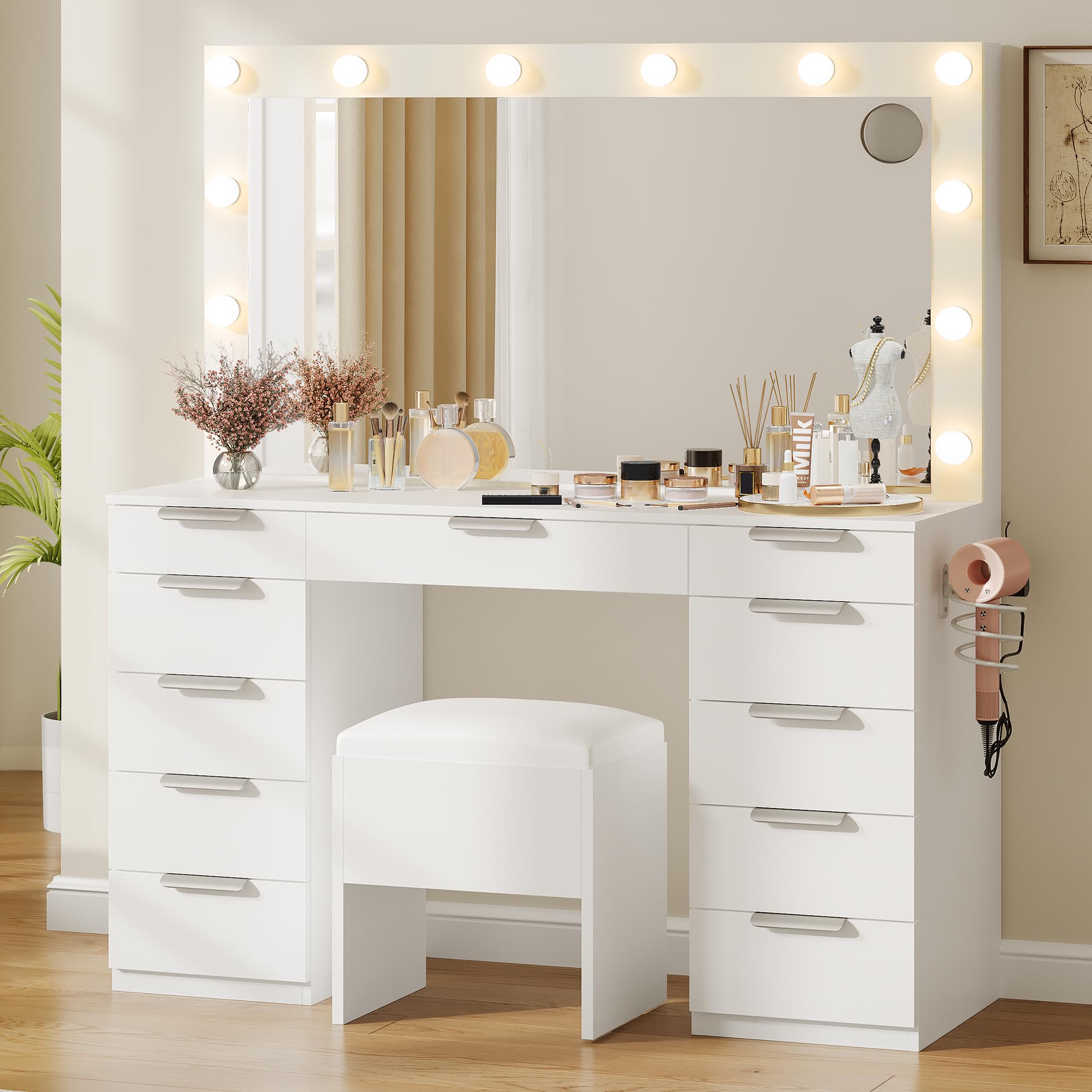 DWVO Vanity Desk Set with Large Mirror & 3-Color Light Bulbs, Wide Top Makeup Vanity with Charging Station, 11 Drawers, and Storage Bench for Bedroom