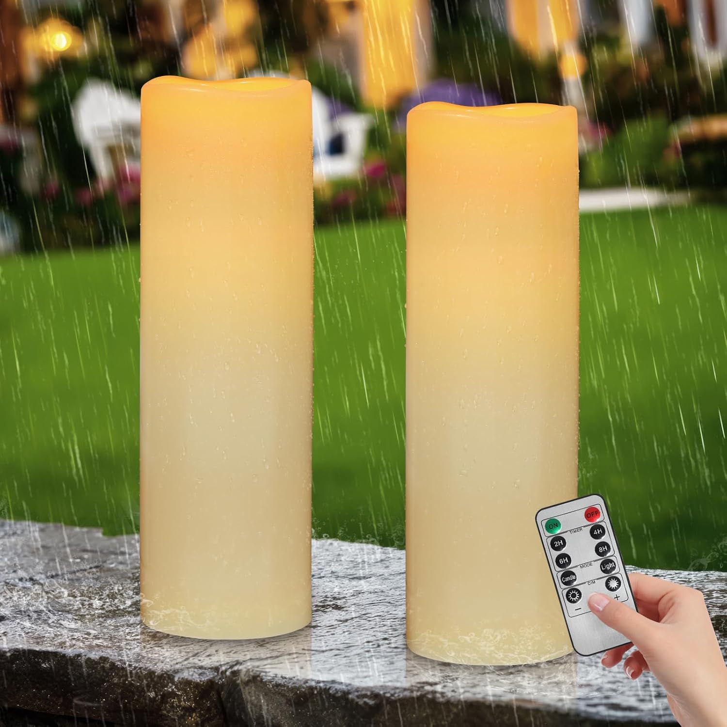 Kimjo 14" x 4" Large Outdoor Candles with Remote: Battery Operated LED Flameless Candles with Timer - Realistic Fake Waterproof Flickering Pillar Candles for Patio Porch Lanterns (Ivory 2 Pack)
