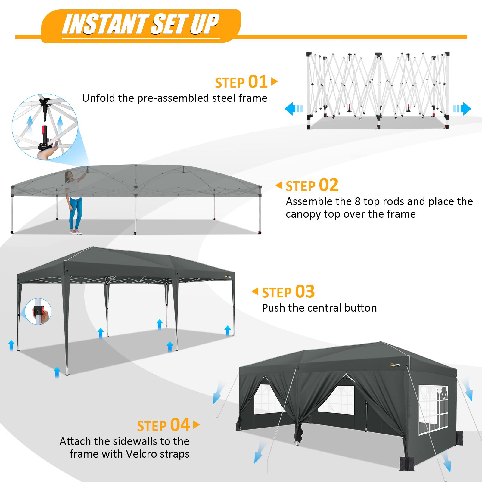 HOTEEL Faltbares Pavillon, 3 x 6 cm, wasserdicht, für den Außenbereich, mit 6 Seitenwänden, verstärkter Oberseite, einfach zu montieren, Partyzelt, faltbar, UV-Schutz, Grau