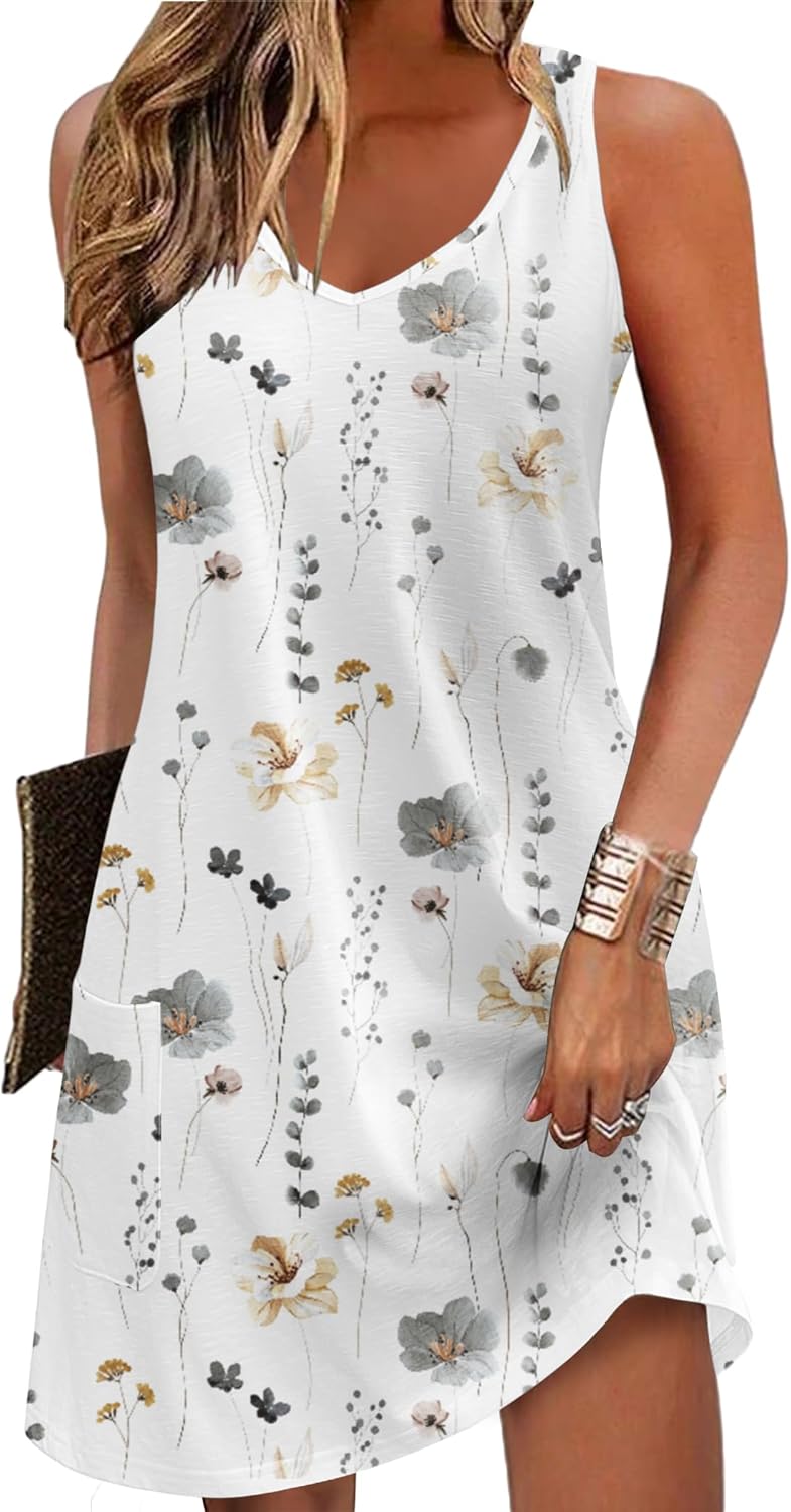Zeagoo Womens Summer Dress 2025 Loose V Neck Sleeveless Sundresses Swimsuit Coverup with Pockets Floral Tank Dresses