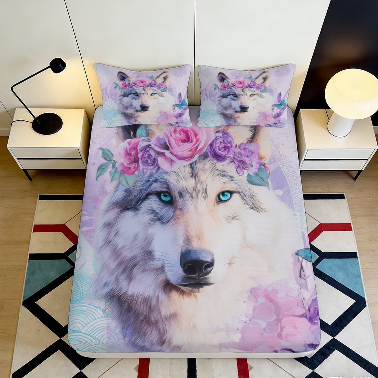 3D Printed Floral Wolf Fitted Sheet Microfiber Soft Breathable Animal Mattress Cover for Bedroom Dorm Decor 90x200x25cm
