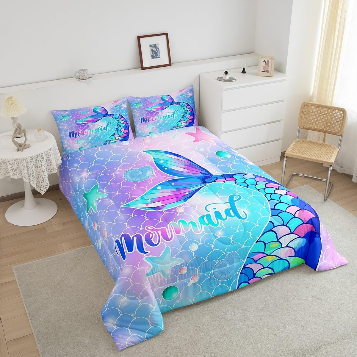 Little Mermaid Queen Rainbow Scales Comforter Set - Mermaid Printed Pattern Bedding Comforter Set for Toddler Kids' Bedroom, Ocean Life Duvet Insert for All Season
