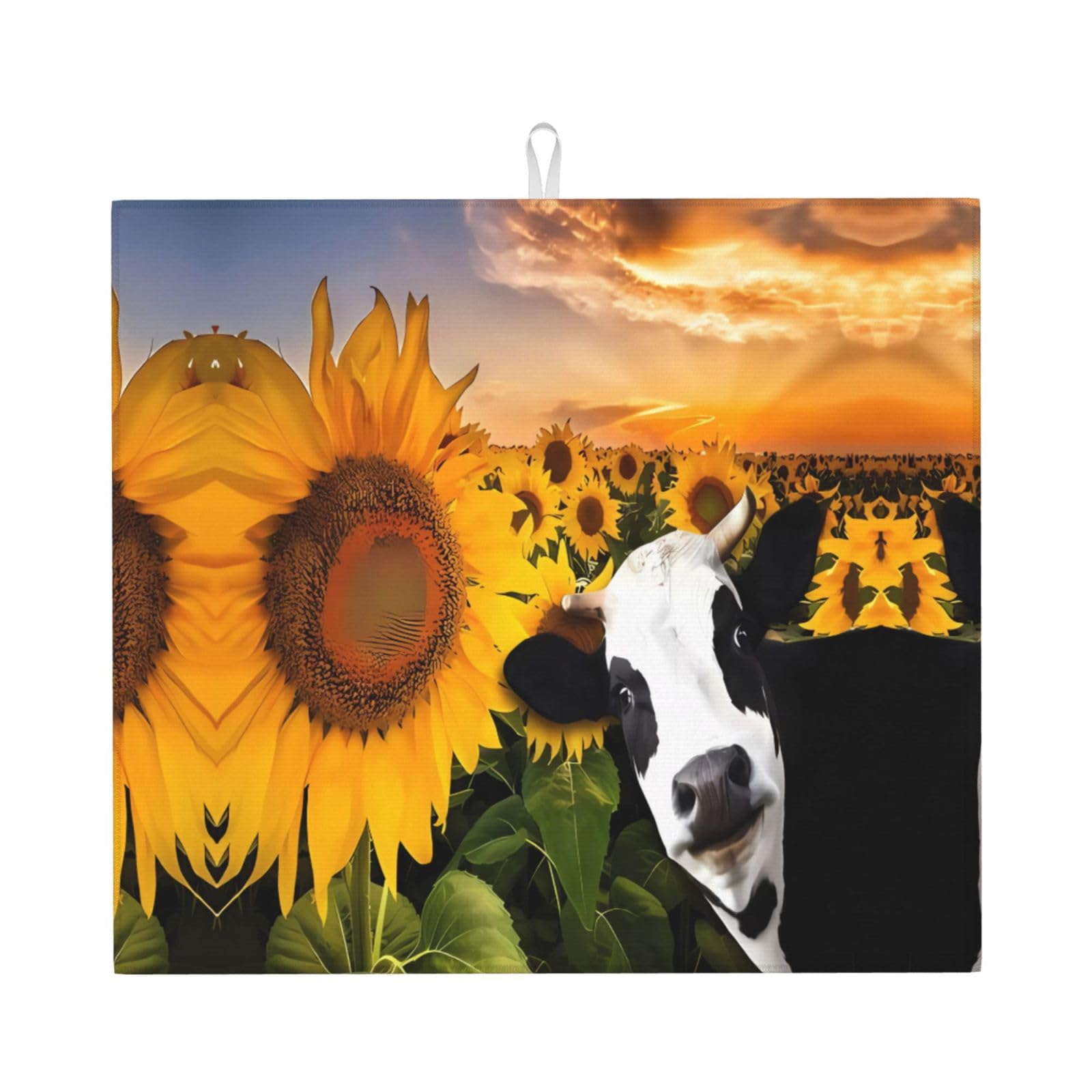 WHJSHOP Sunflower and Cow Prints Kitchen Drying Mat – Absorbent Dish Throw for Countertops, Quick-Dry Non-Slip Layer with Colorful Prints, Ideal Housewarming Gift