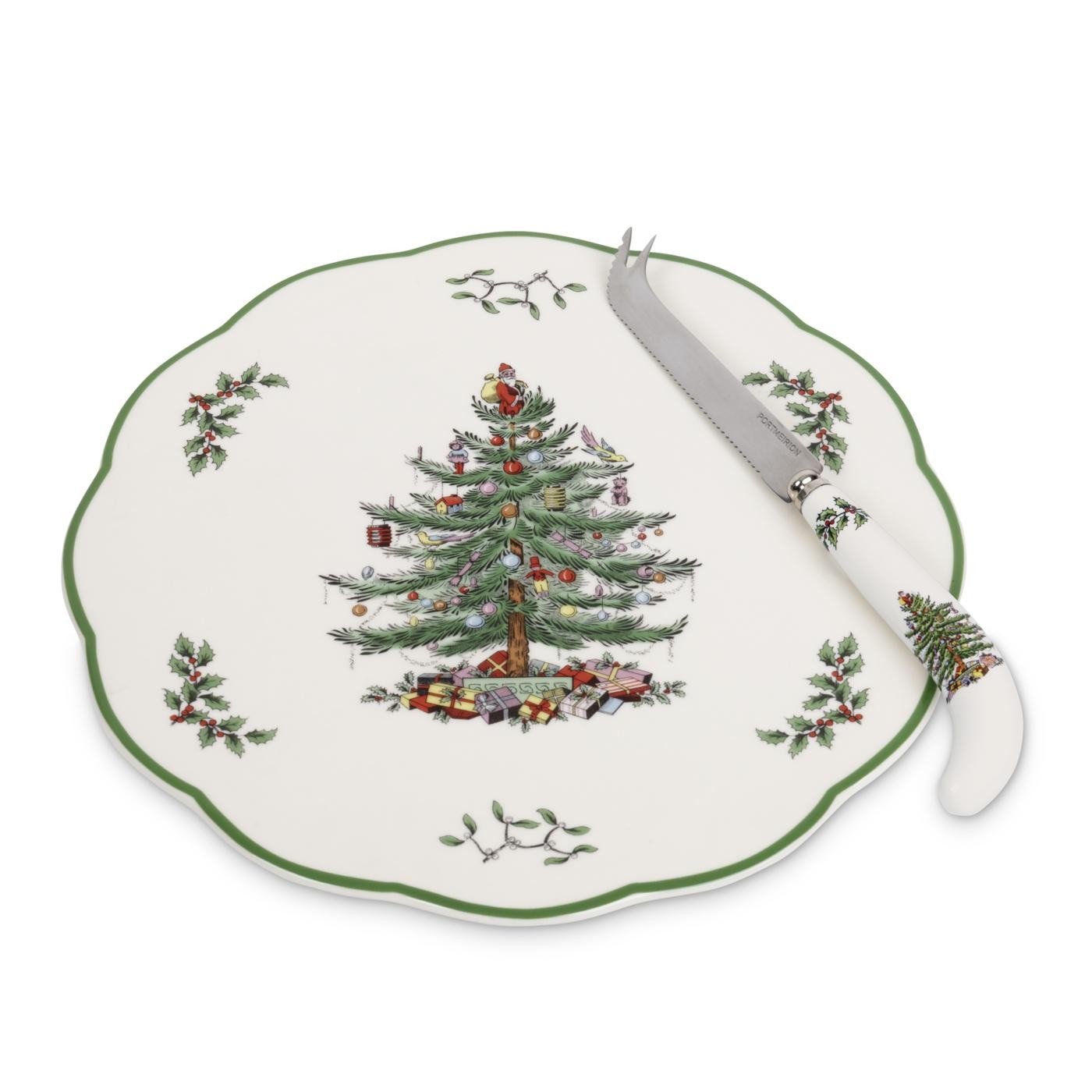 Spode Christmas Tree Appetizer Plate with Cheese Knife