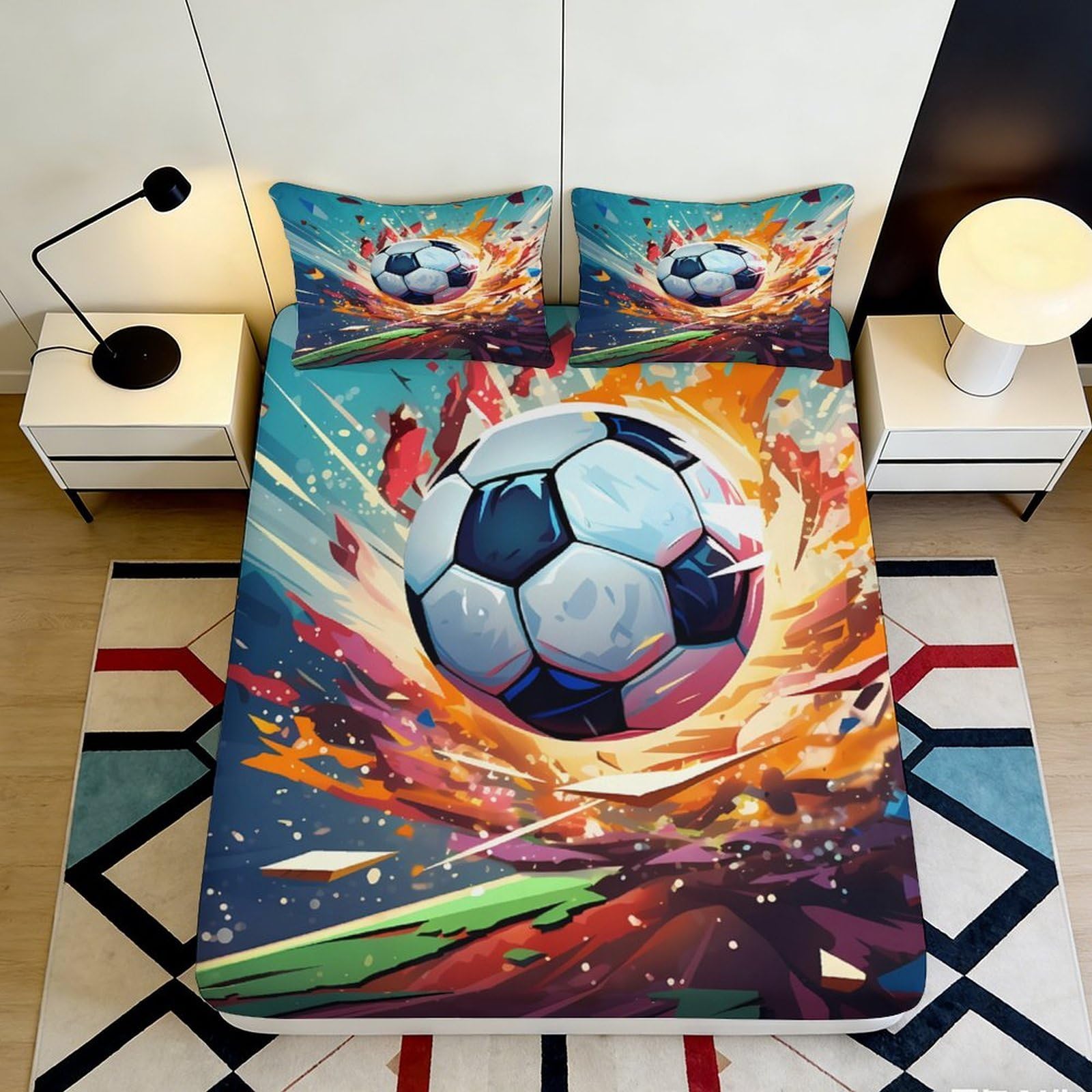 3D Printed Soccer Explosion Fitted Sheet Microfiber Soft Mattress Cover for Bedroom Dorm Easy Care Decor 120x200x25cm