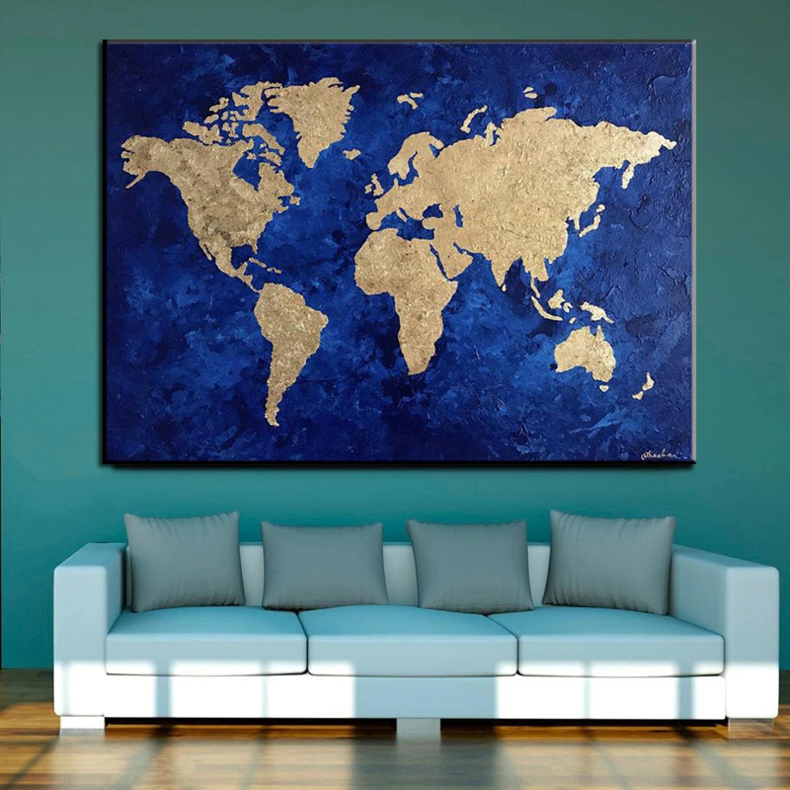 RVCKVS Abstrakt Blau Gold Weltkarte Gemälde Leinwanddruck Weltkarte Poster Wandkunst Bild Klassenzimmer Kinder Schule Büro Dekor 70x110cm Rahmenlos