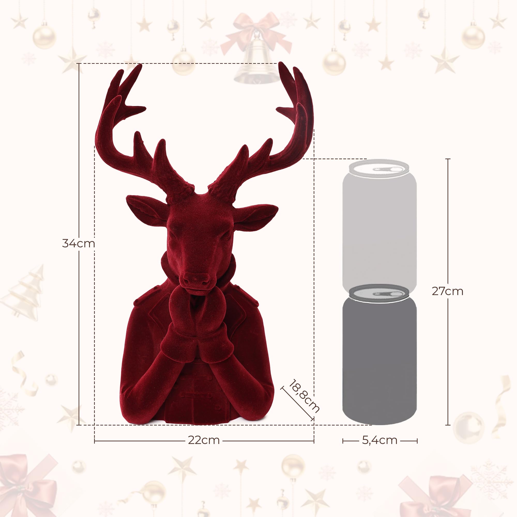Hometopia Hirsch Deko Weihnachten 34 cm, Kunstharz Hirschkopf Rot | Eleganter Hirschkopf mit weicher Samtoptik, dekorativer Weihnachtsanhänger für Tisch, Regal und als Schmuckhalter