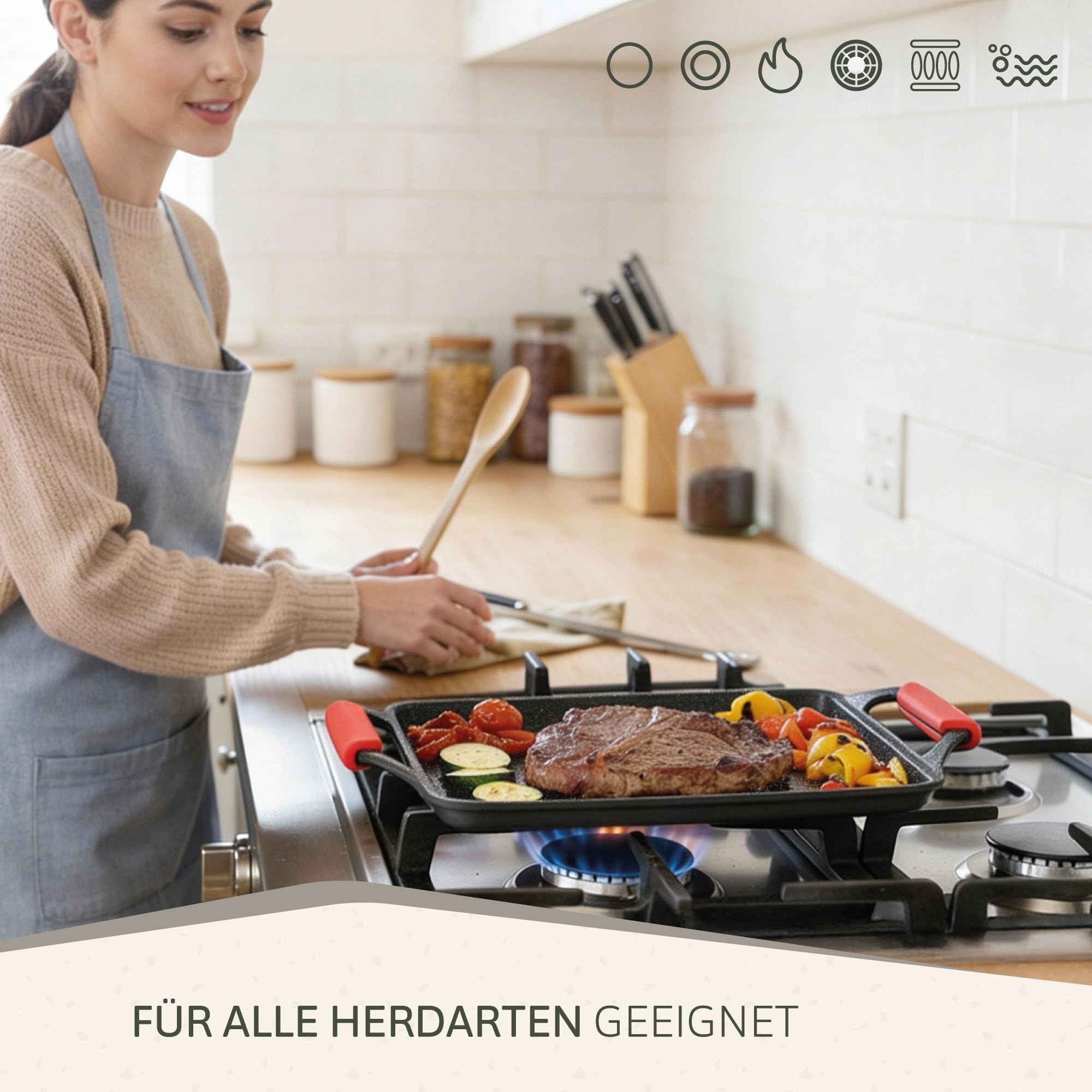 briebe Black Titanium Grillplatte Induktion, Antihaft Titanium, Aluminiumguss, Grillpfanne Bratblech 43x25cm, PFOA-freie Beschichtung, Silikongriffe, Keramikkochfeld, Gas, Ofen
