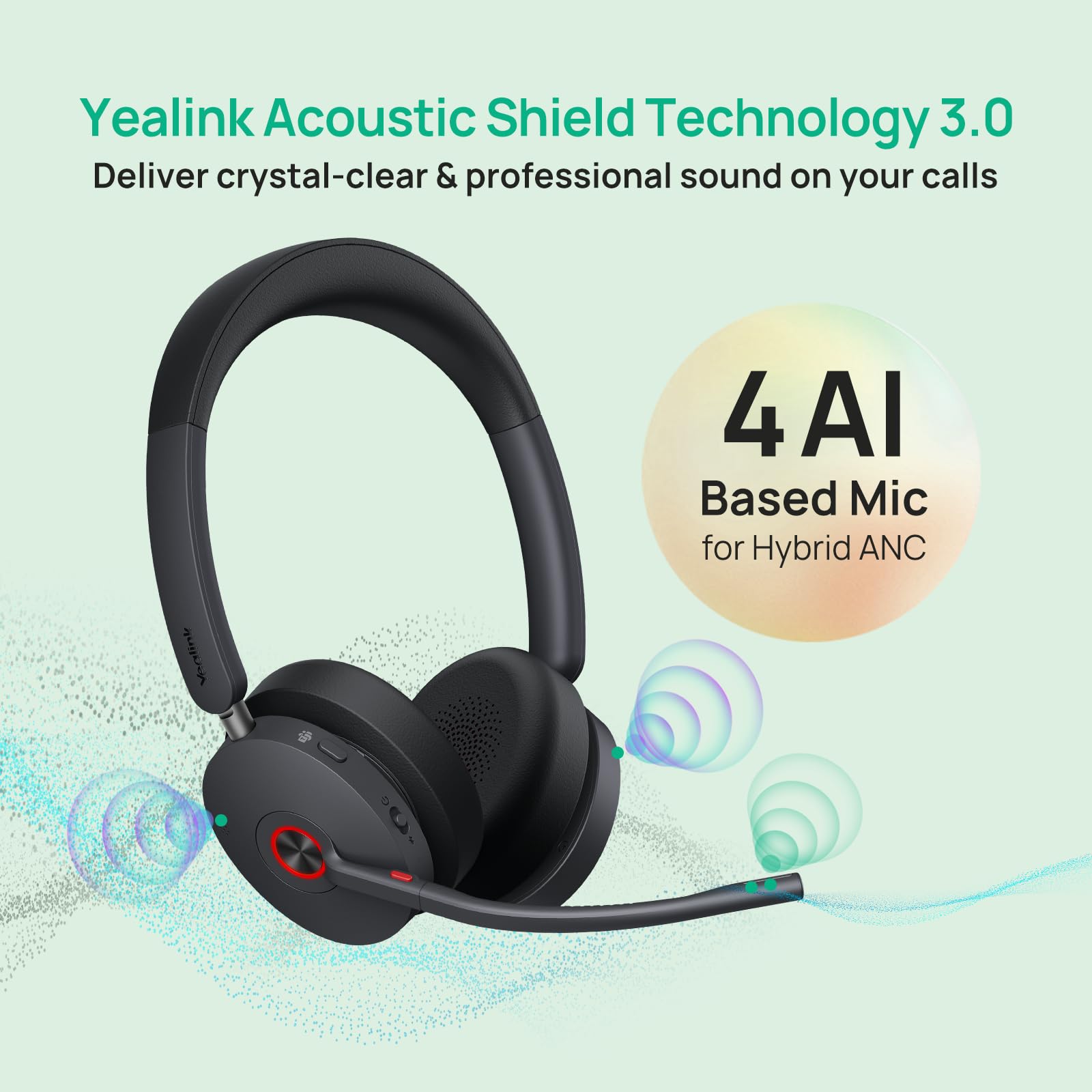 Yealink WH68 ANC DECT Kabelloses Headset mit Mikrofon, 4X AI-Mic mit Geräuschunterdrückung, 185m Reichweite, 32H Gesprächszeit, On-Ear-Headsets, Teams-zertifizierte Kopfhörer Kabellos für die Arbeit