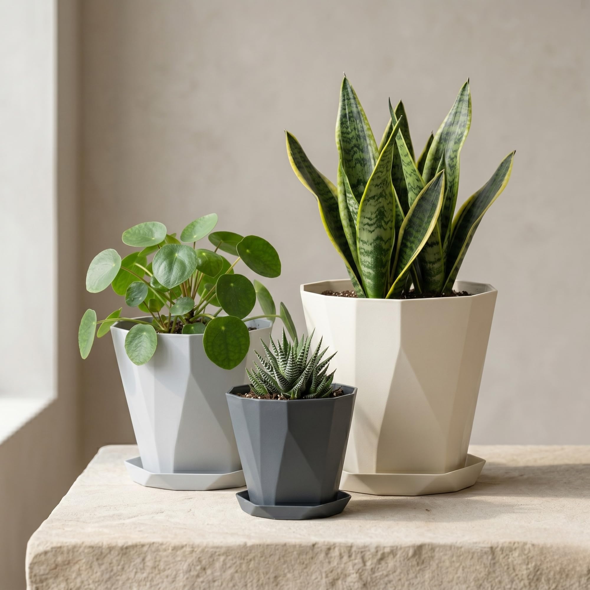 Blumentopf 3er Set mit Drainage & Untersetzer – Stein-Optik matt