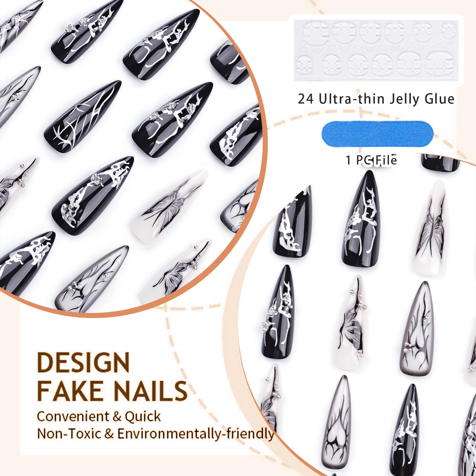 GlamRays 24pc Gothic Black Butterfly Acrylic Stiletto False Nails, Pack of 1 Set, 12 Different Sizes, 1 ml (Pack of 24) - Image 3