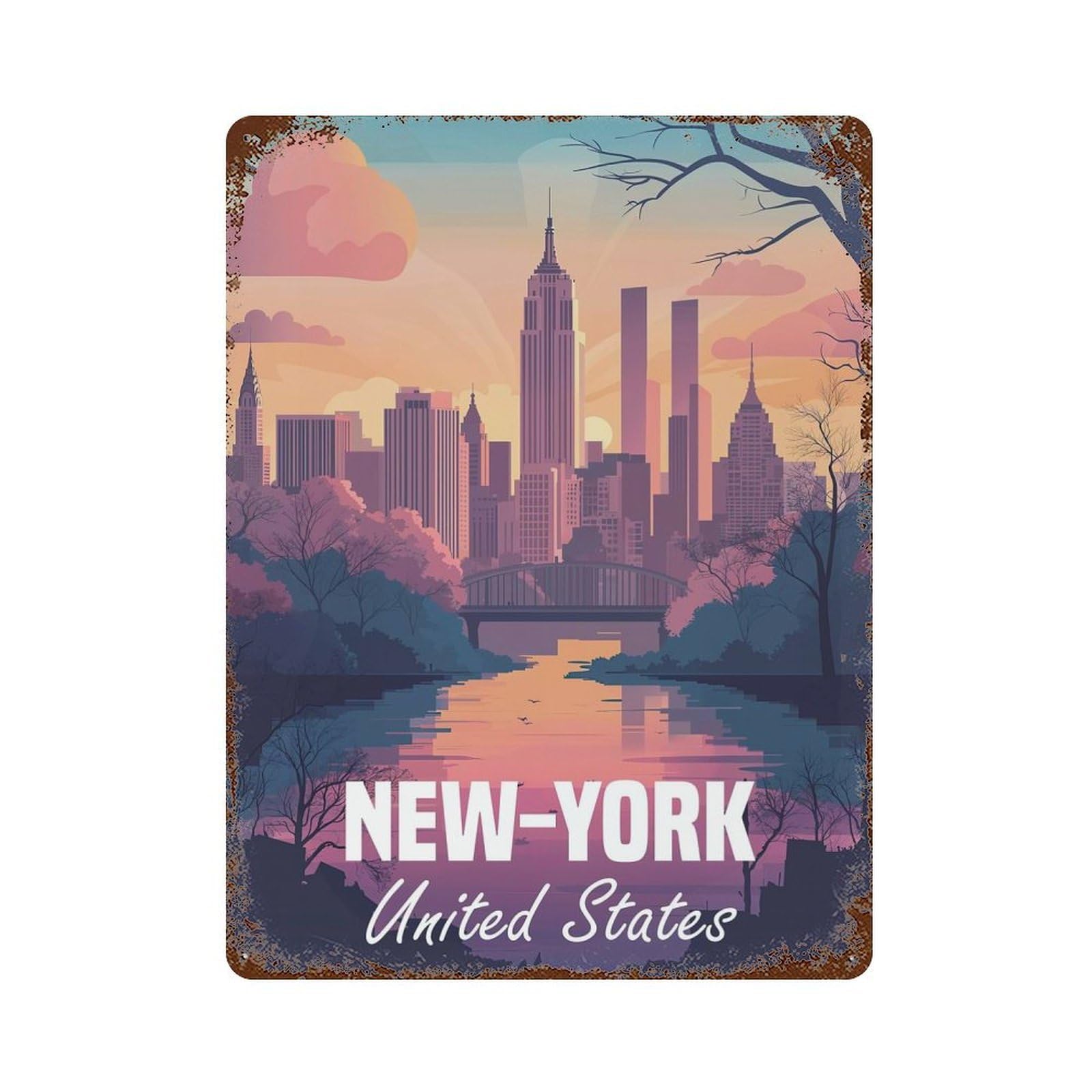 New York City Skyline Rusty Metal Tin Sign 15.7"x11.8", Industrial Home Decor for Garage, Pub Or Kitchen